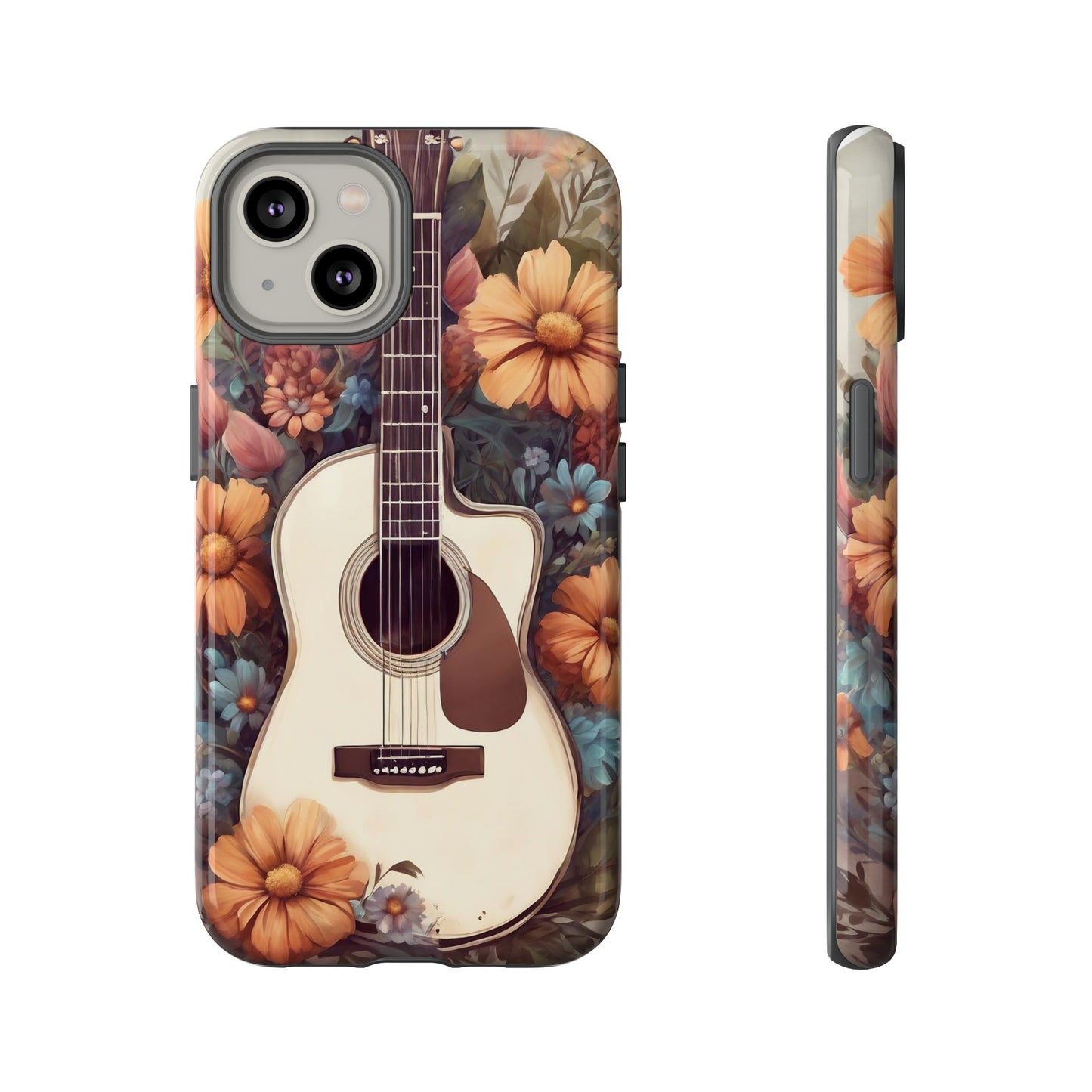White Acoustic Guitar surrounded by Flowers Phone Case