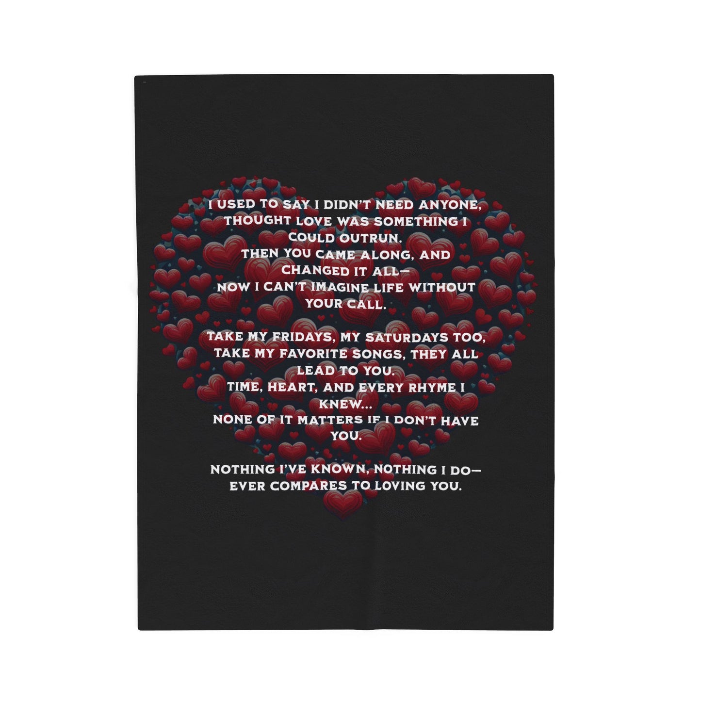 Featuring red love hearts in the shape of a love heart on the black background. White text pops from the image