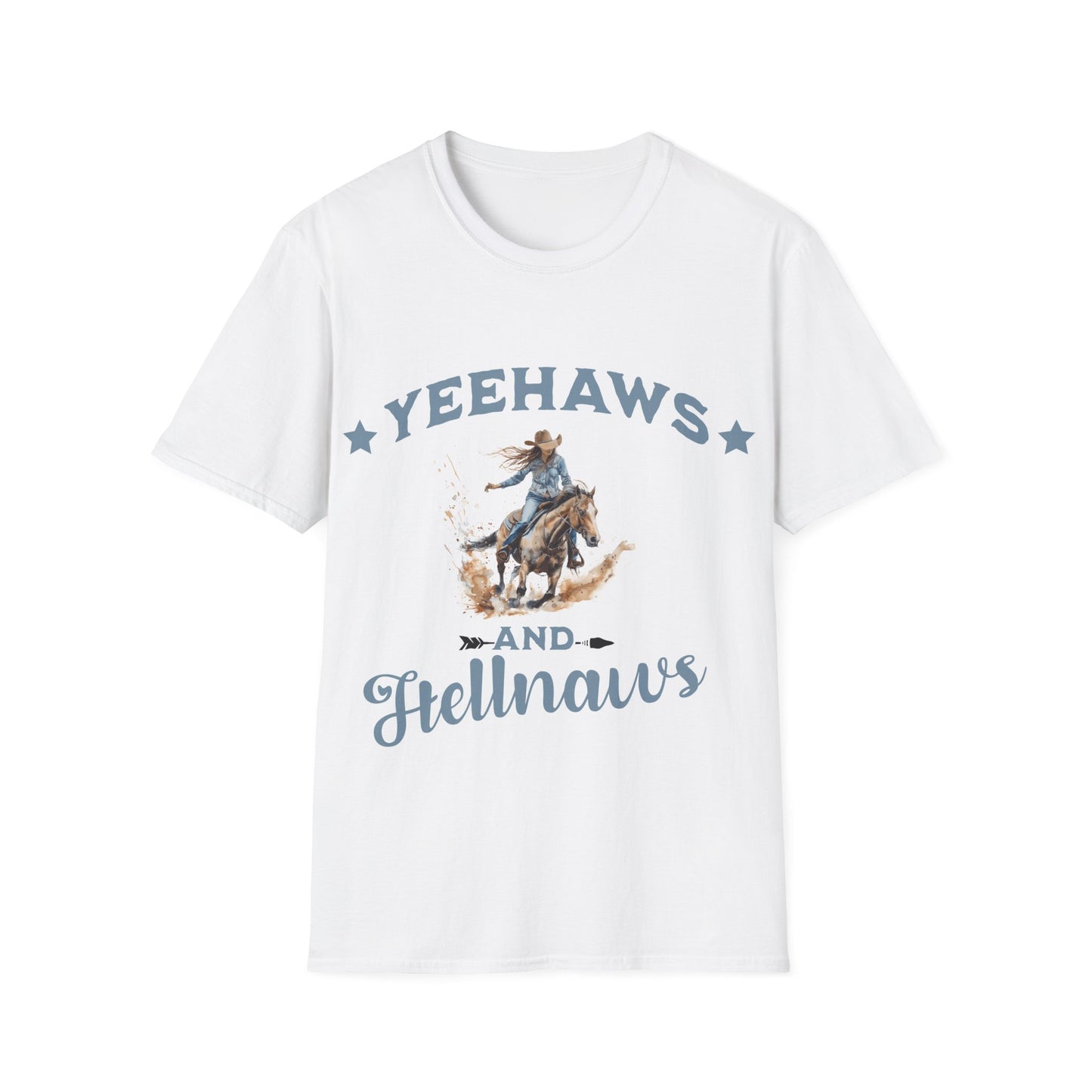 "Yeehaws and Hellnaws" Cowgirl Riding Graphic Tee ā Country Western Rodeo Shirt