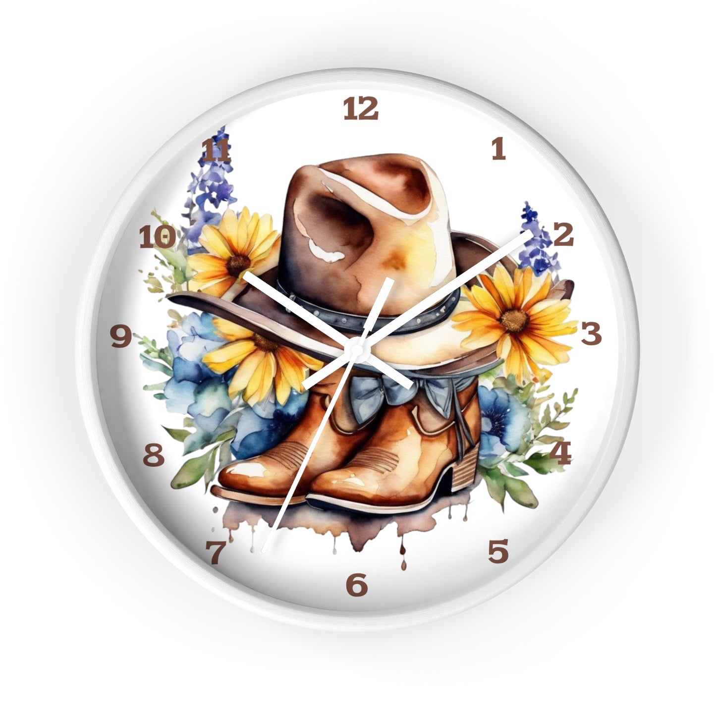 Clock features a beautifully illustrated centerpiece that captures the essence of rustic life. At its heart, a pair of well-worn cowboy boots sit comfortably beside each other, evoking memories of dusty trails and open skies. A classic cowboy hat rests atop, its brim adorned with vibrant yellow sunflowers and delicate blue floral accents
