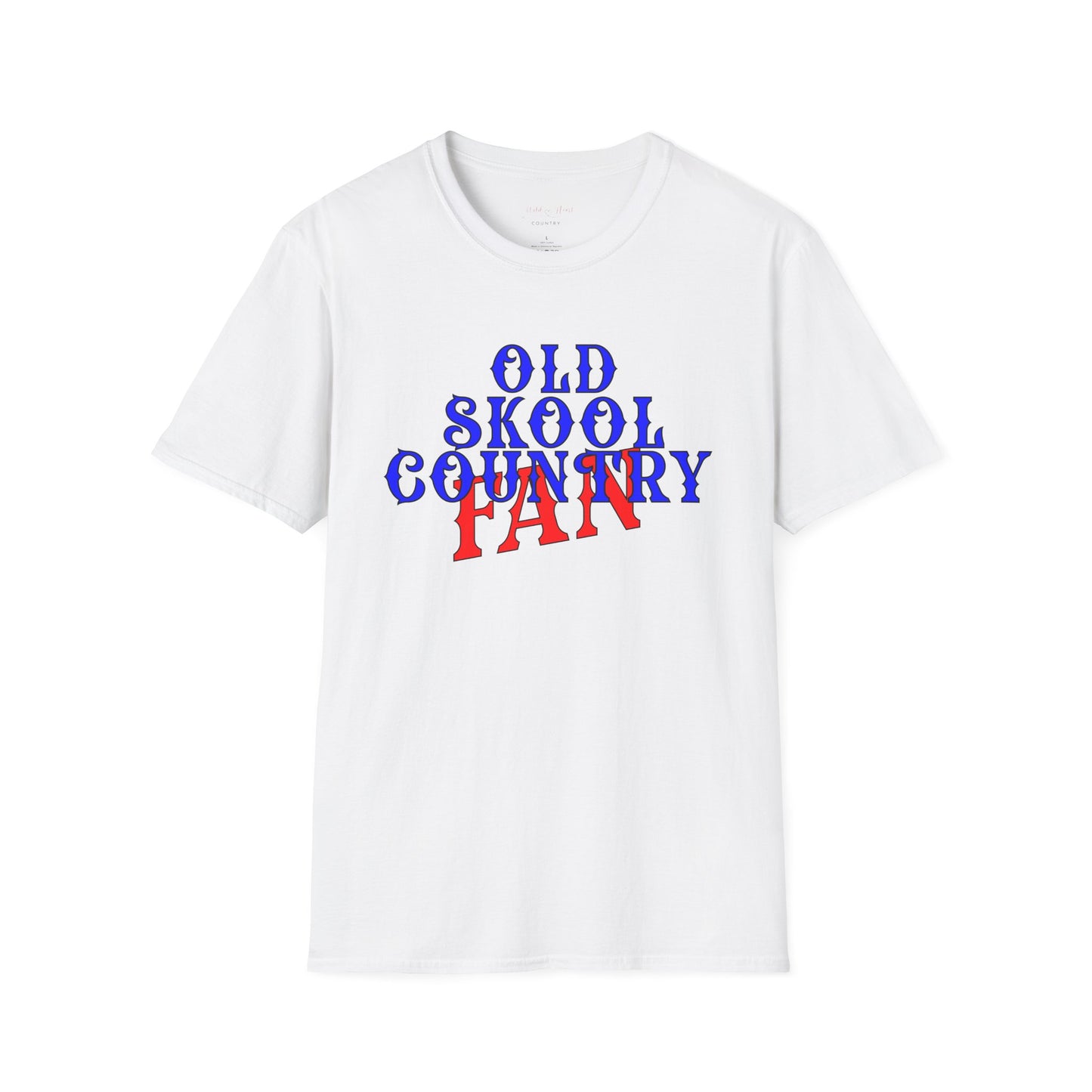 In blue olf font "Old skoopl Country" and red FAN