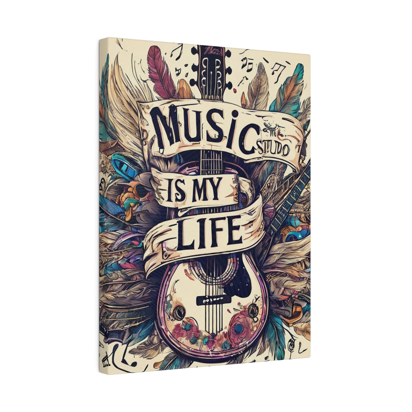 Music Is My Life Canvas, Feathers, Guitar, Musical Notes, Musical Inspired, Custom Gift