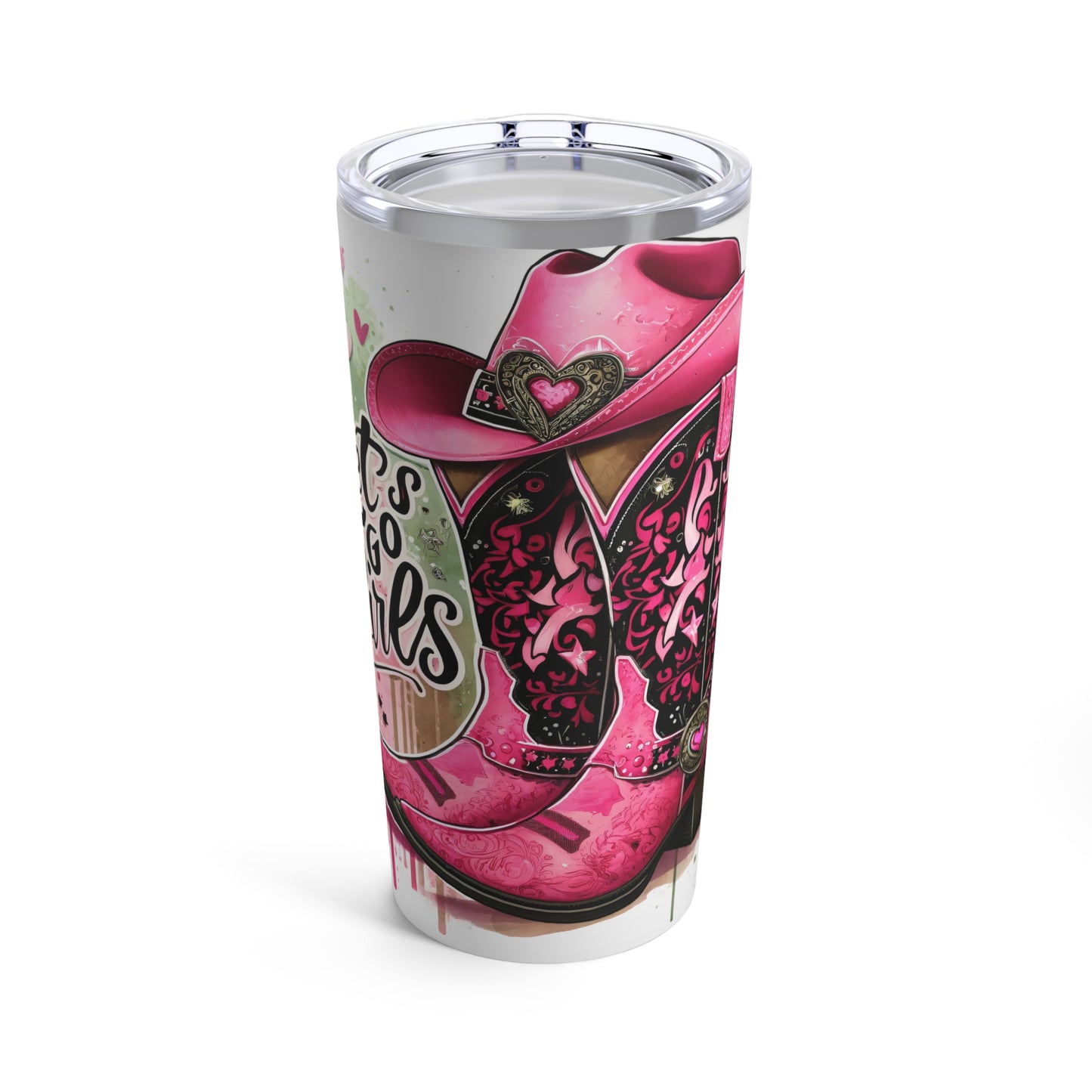 Features a pair of intricately detailed pink cowboy boots adorned with hearts, set against a playful background of splashes, floral patterns, and stars.
