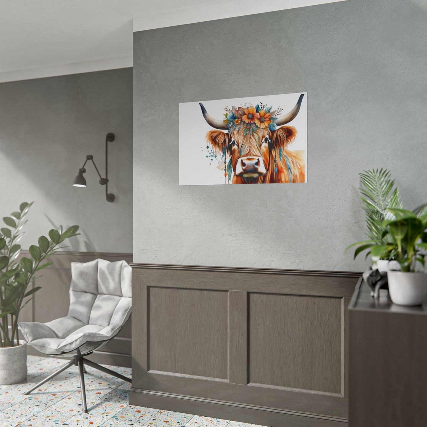 Highland Cow with Floral Crown Wall Print, Rolled Poster, Watercolour poster