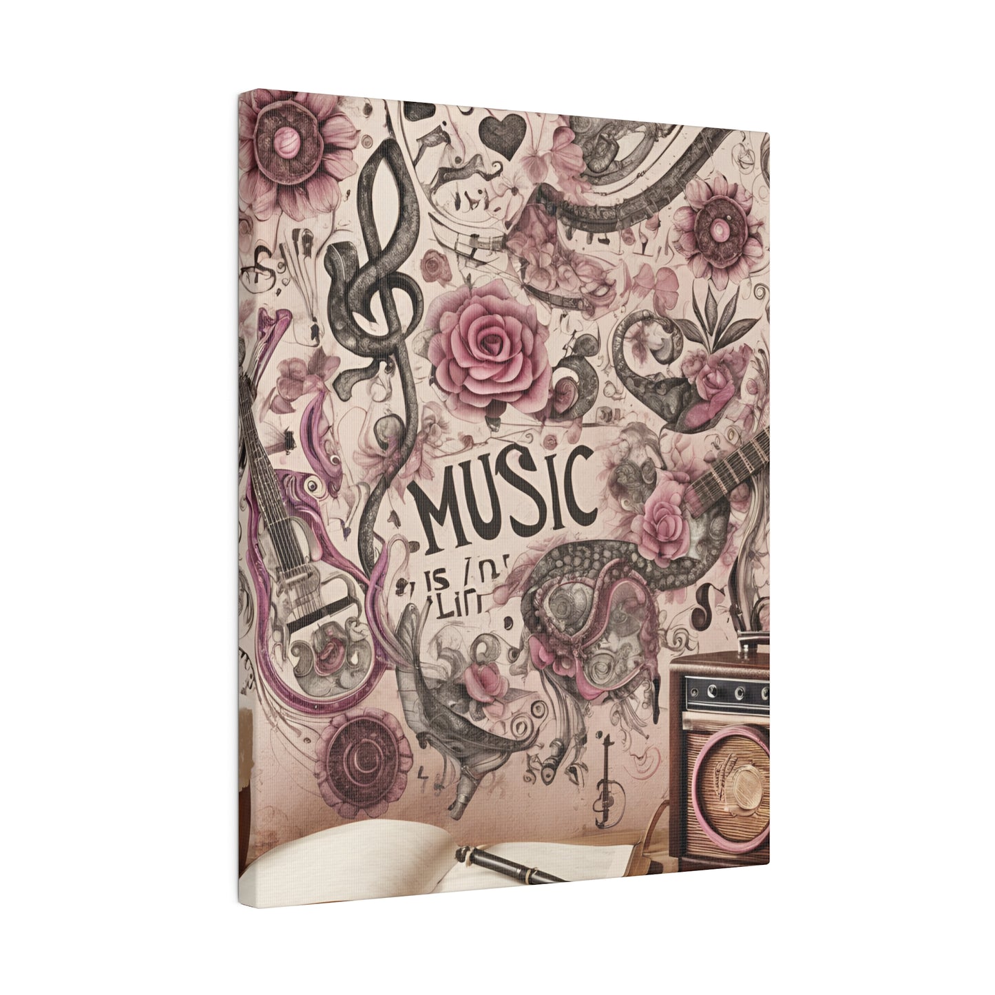 Pink Floral Music Canvas, Musical Notes, Musical Inspired, Custom Gift, Roses, Soft Pascal
