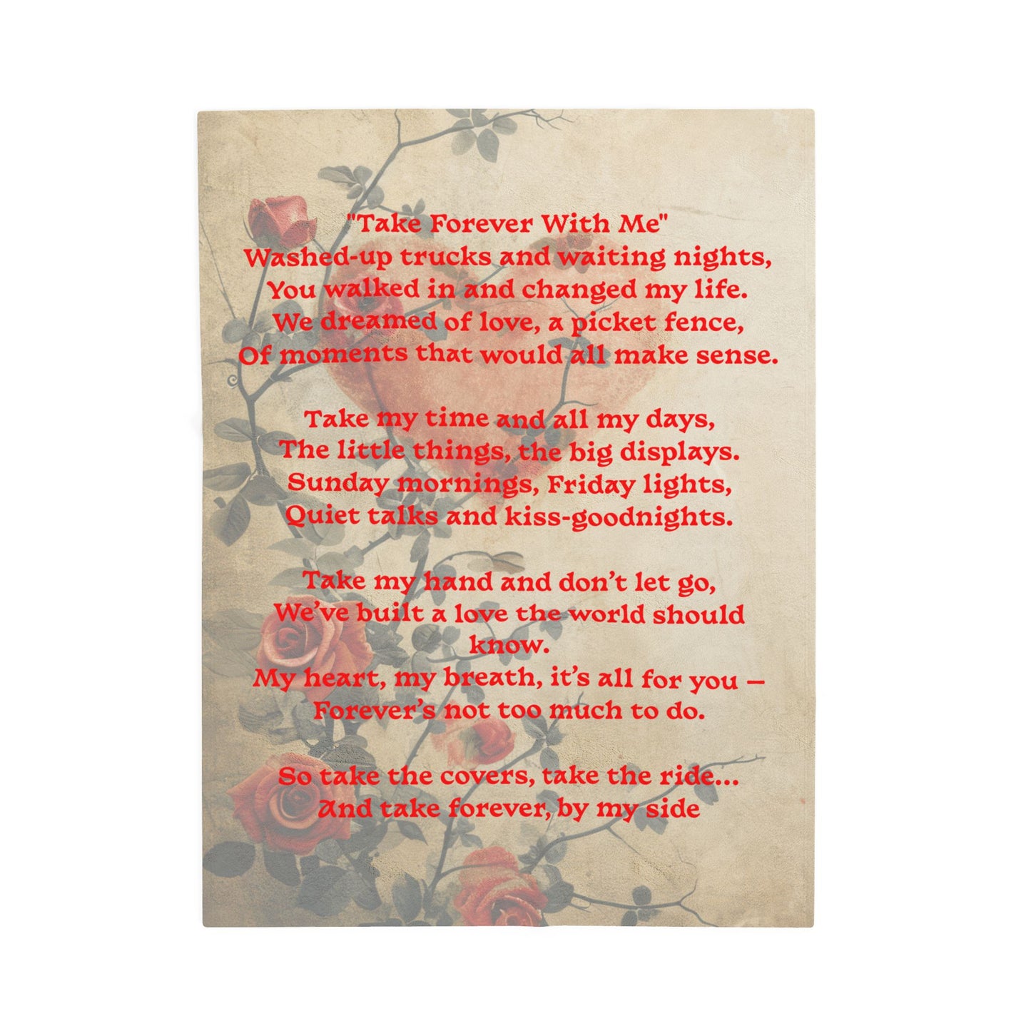 Red rose vine with a heart and red text