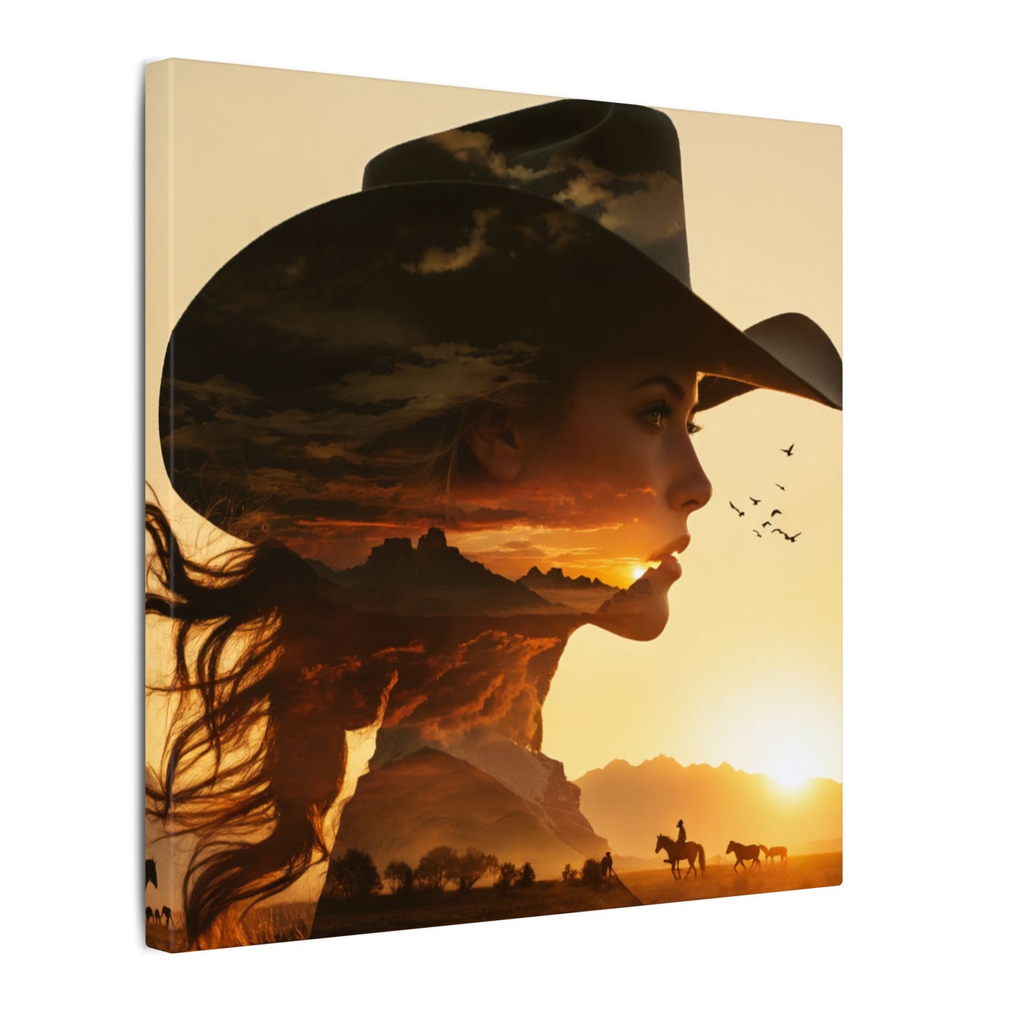 Western Sunset Silhouette | Cowboy Hat Canvas Wall Art