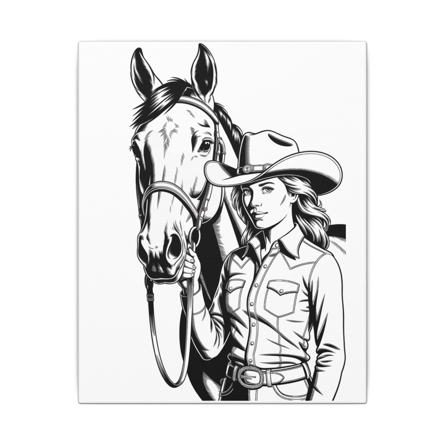 Western Cowgirl and Horse Canvas Print β Rustic Black & White Wall Art for Country Lovers