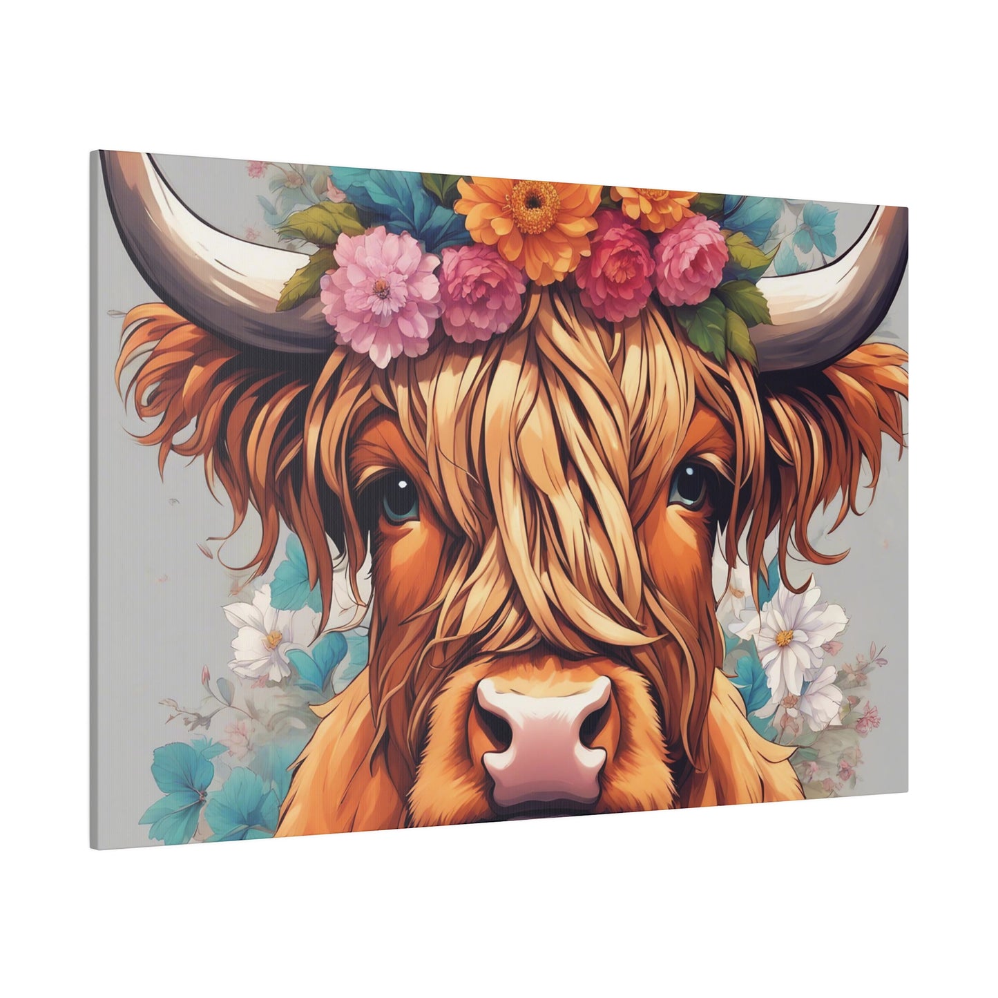 Boho Highland Cow with Floral Head Piece Matte Canvas