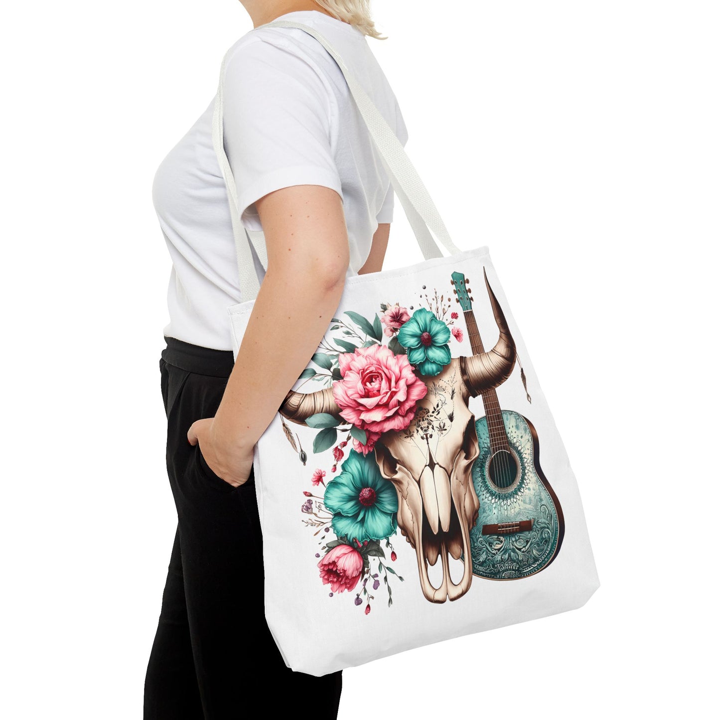 Boho Chic Skull and Guitar Floral Tote Bag
