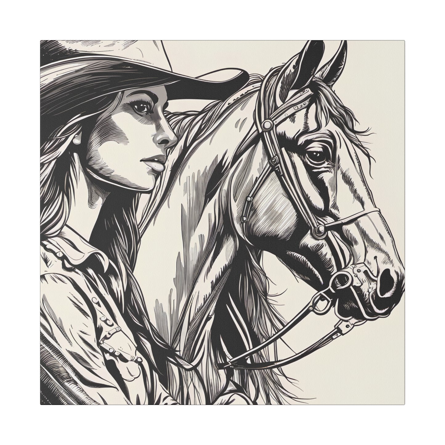 Lady and a Horse Black and White sketch drawing, Decor, Home Decor, Country, AI Art, Western Art