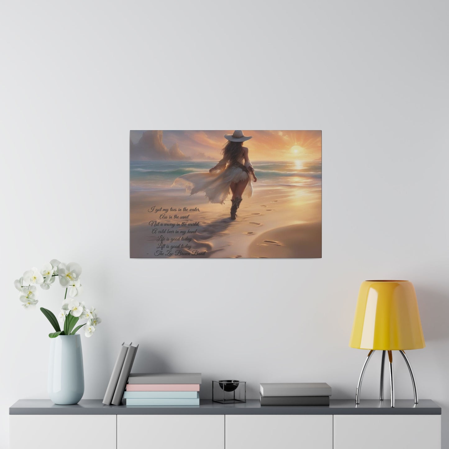 Canvas Print: Lady Walking Beach with Zac Brown Band Song Quote