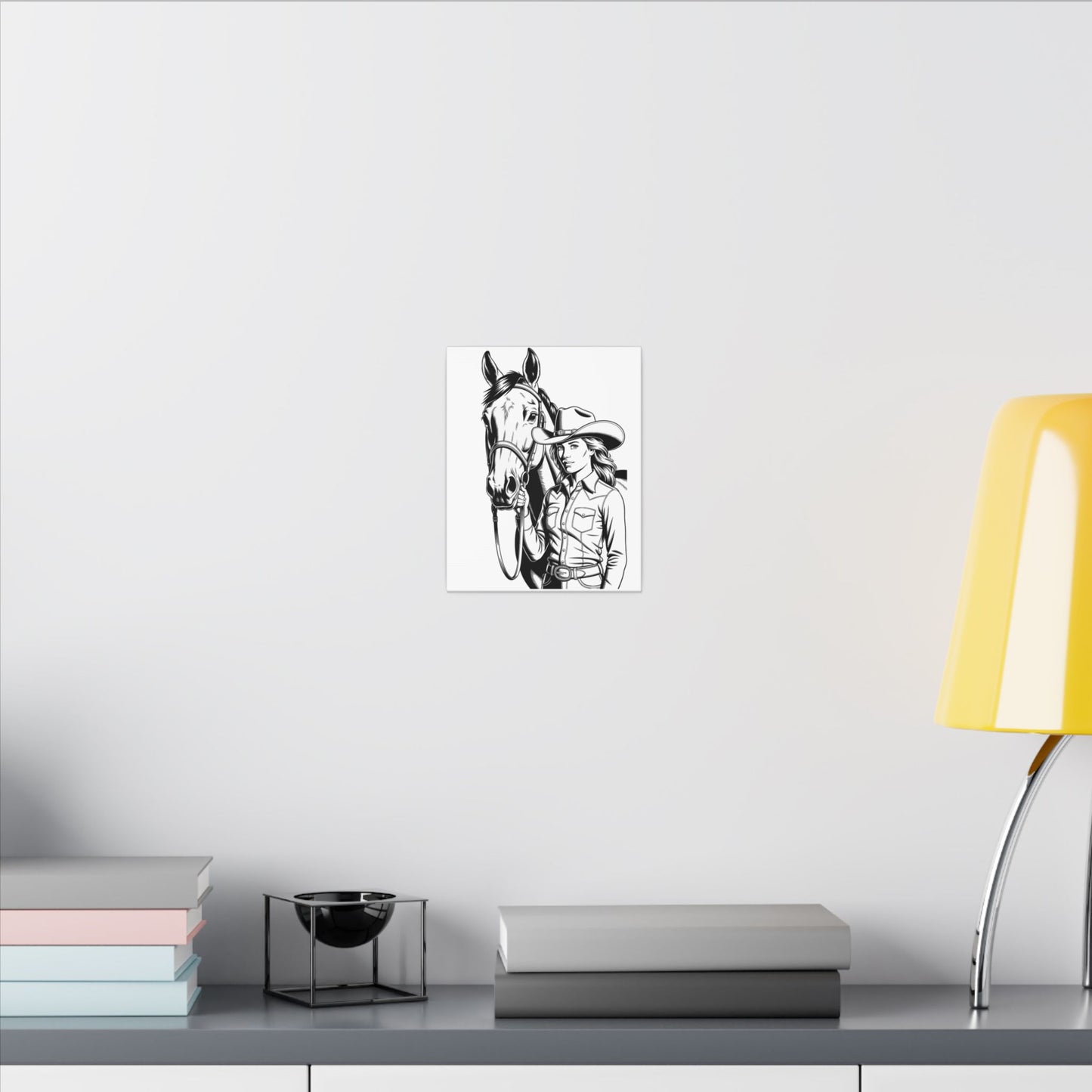 Western Cowgirl and Horse Canvas Print β Rustic Black & White Wall Art for Country Lovers