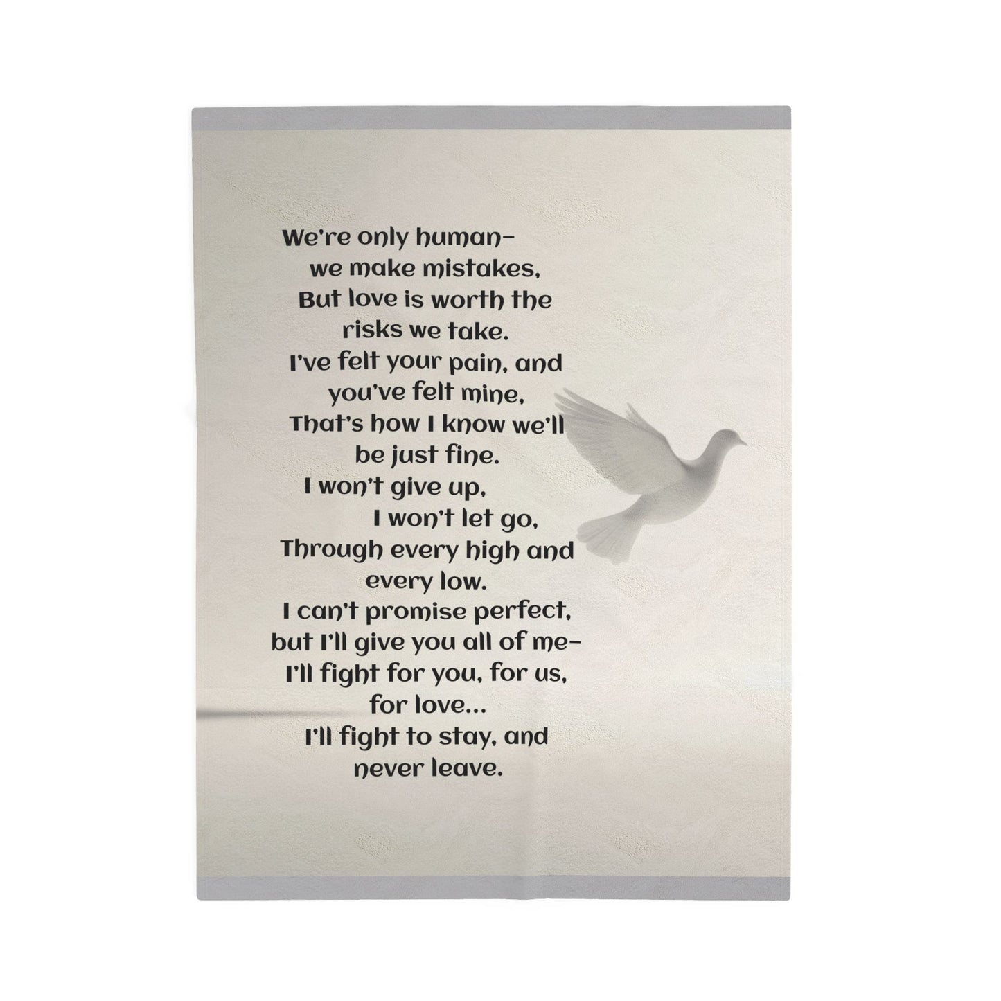 Image of a dove in flight with black text