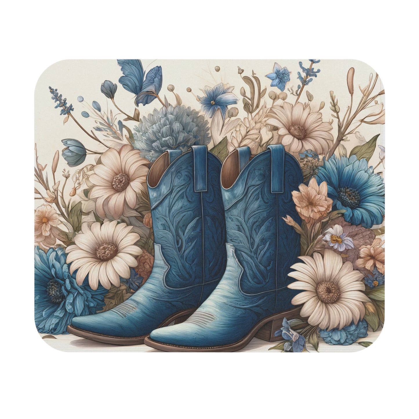 A mouse pad featuring a pair of blue cowboy boots surrounded by a floral design with various flowers in shades of blue, cream, and peach.
