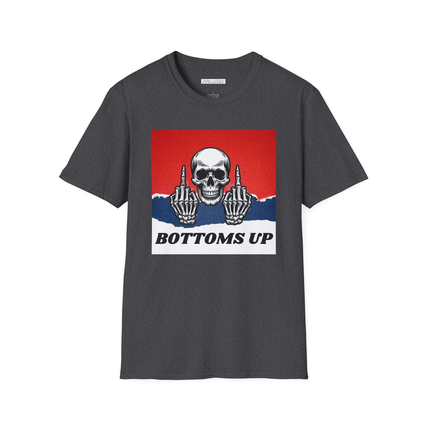 A gray t-shirt with a red, white, and blue design featuring a skeleton finger gesture and the text 'Bottoms Up'.