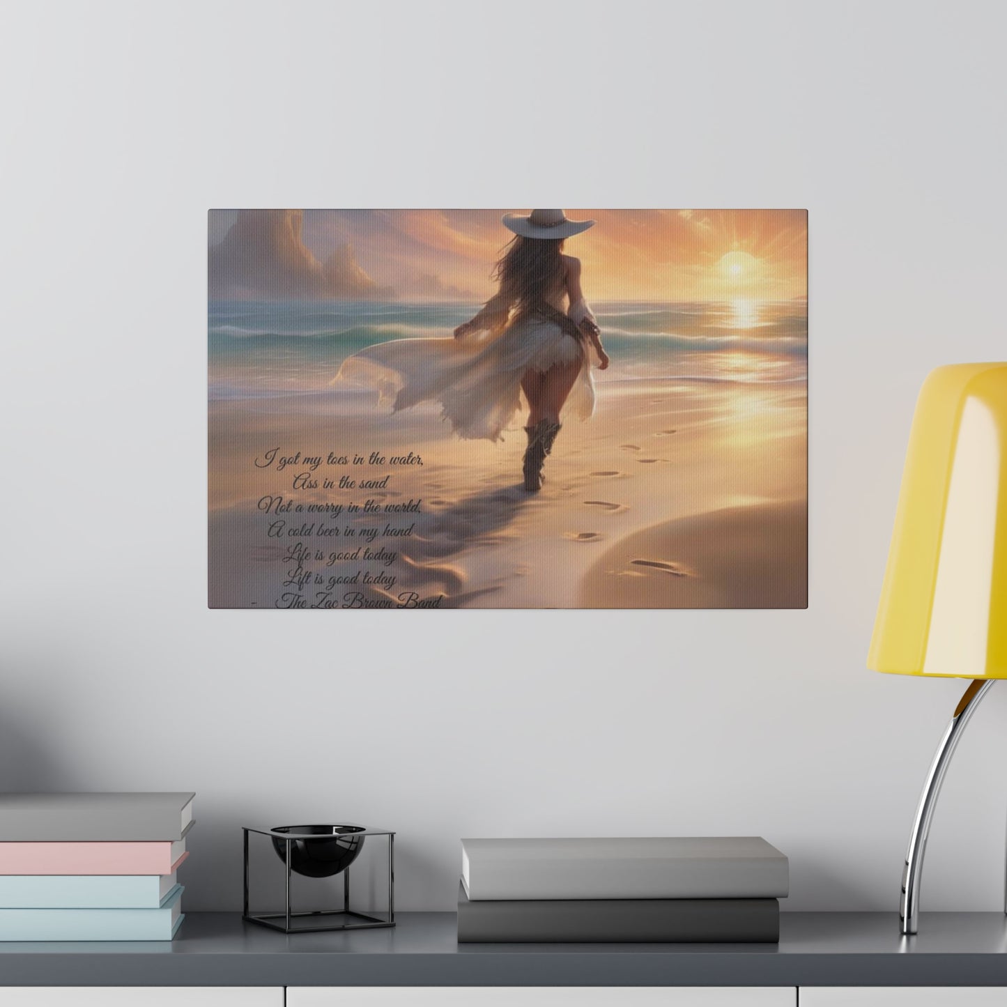 Canvas Print: Lady Walking Beach with Zac Brown Band Song Quote
