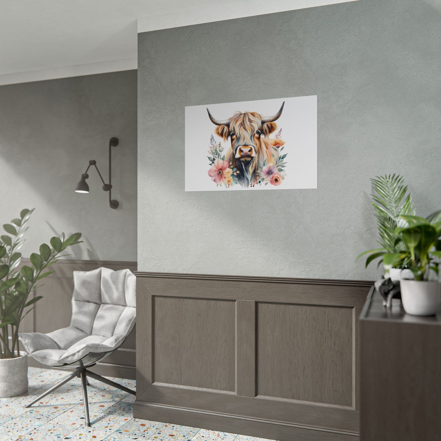 Highland Cow with Floral Wall Print, Rolled Poster, Watercolour poster