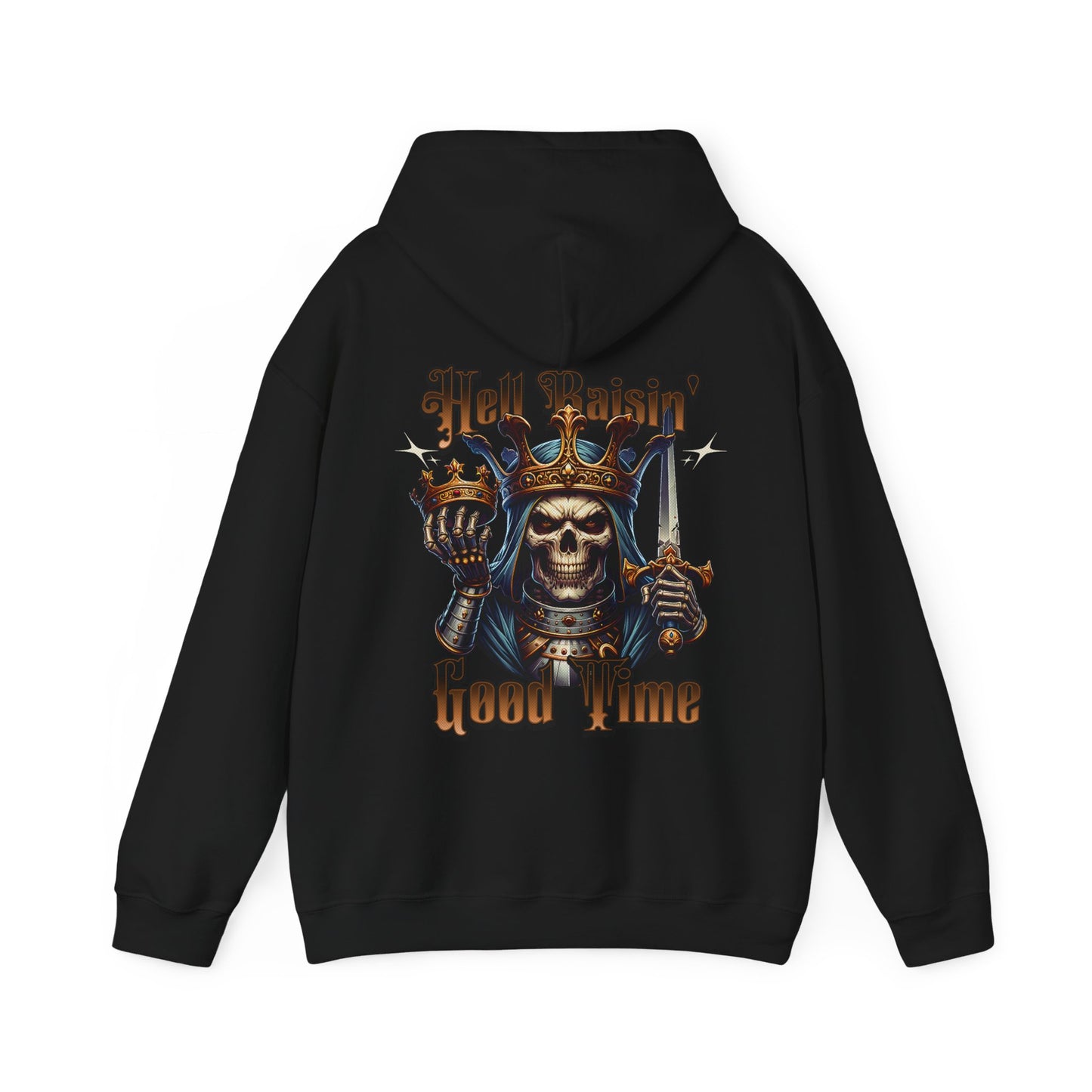 Image of a skull wearing a gold crown and also hold a crown in one hand and knife in the other hand. Gold text "Hell raisin good time"