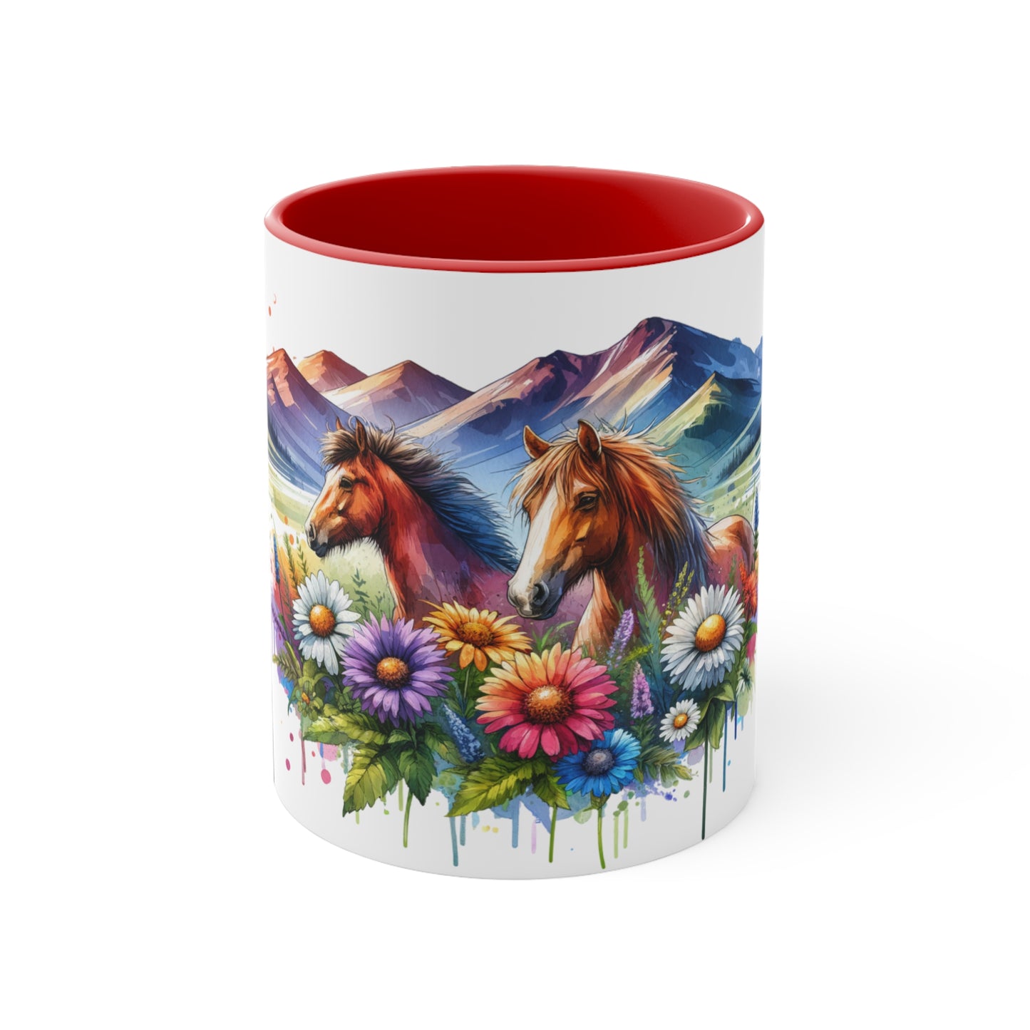 Watercolour horses 11oz Mug, Horses, snowcapped mountains, Daises, Pasel colours, Gift, Unique Gift