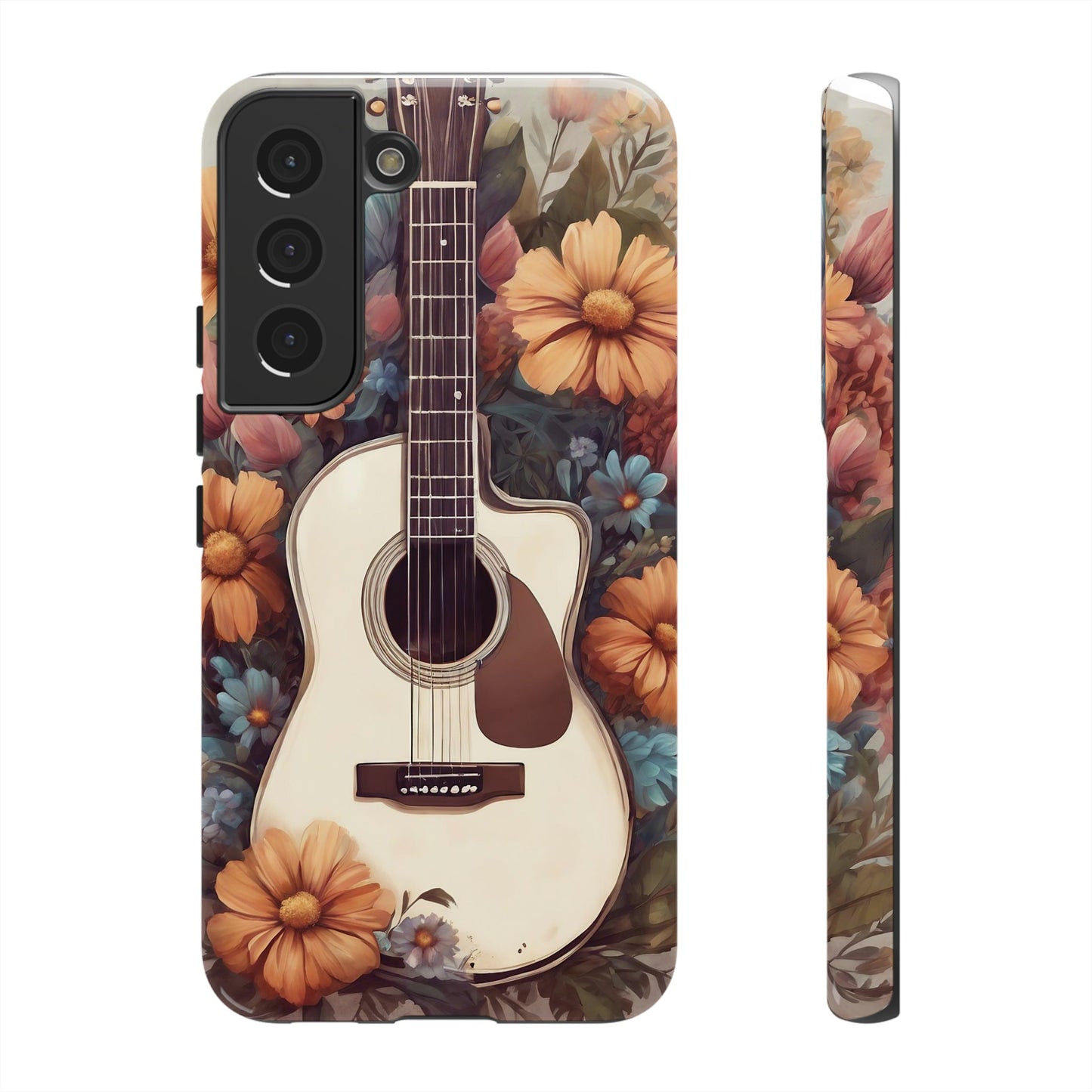 White Acoustic Guitar surrounded by Flowers Phone Case