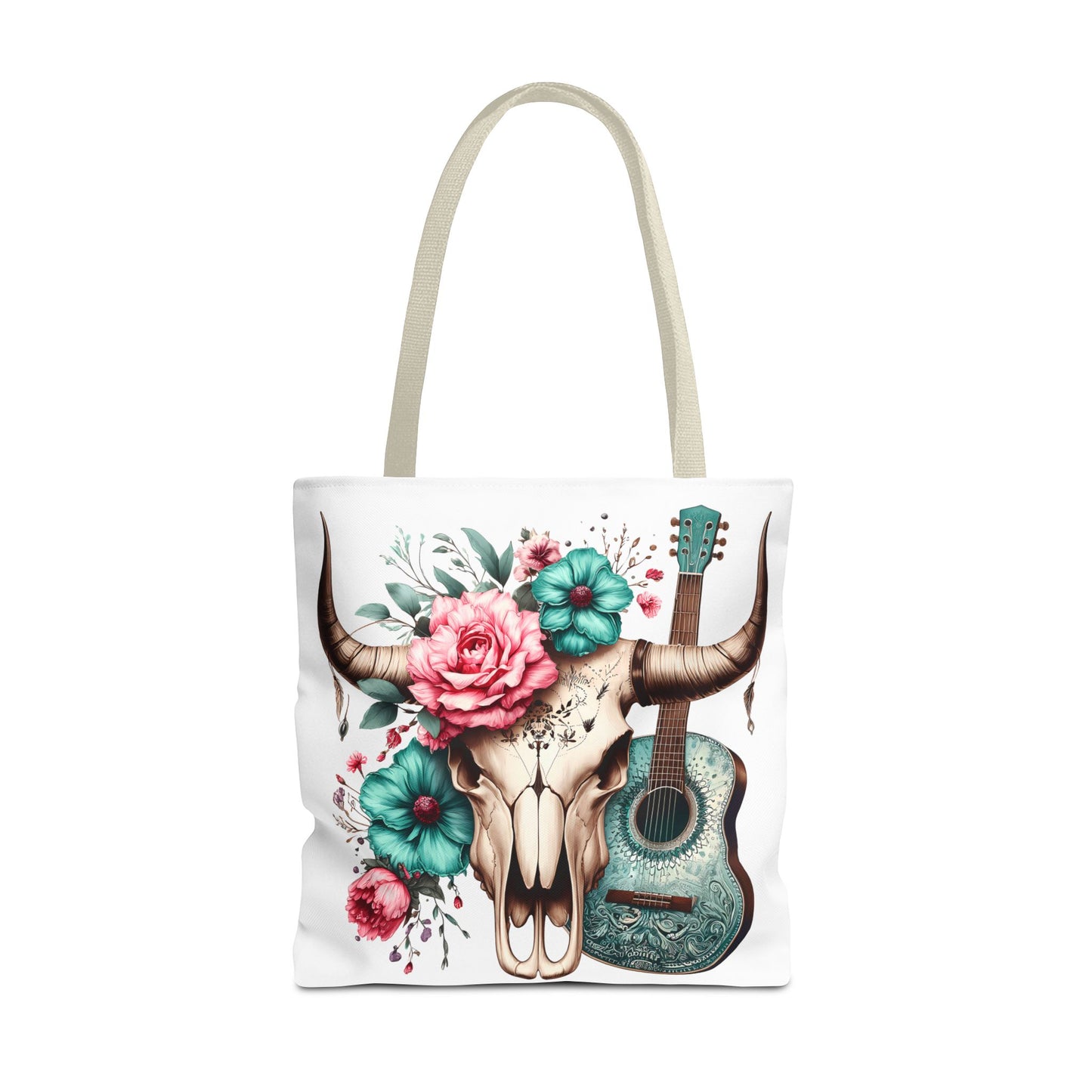 Boho Chic Skull and Guitar Floral Tote Bag