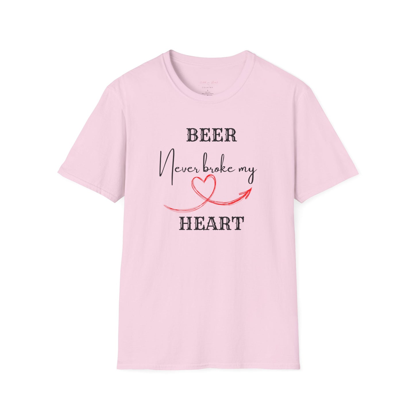 A t-shirt with the text 'BEER NEVER BROKE MY HEART' printed on the front.