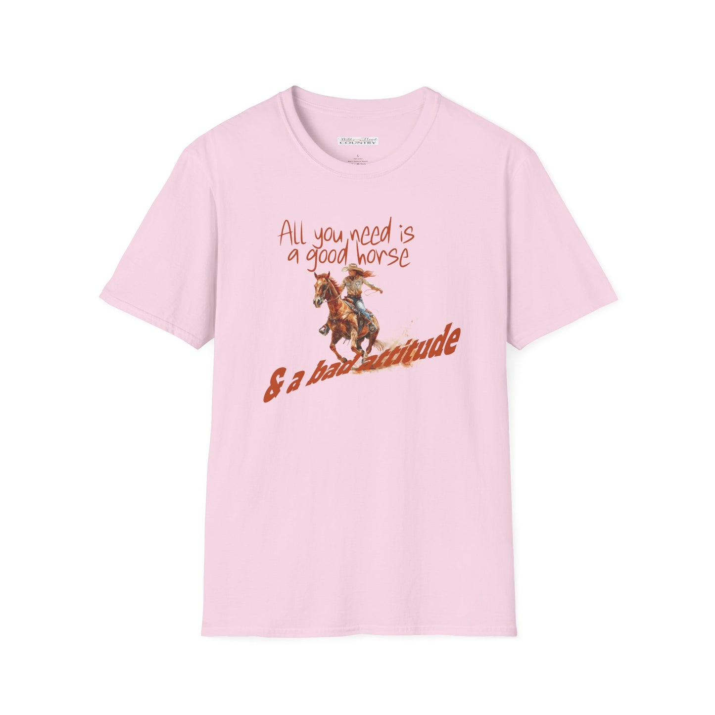 Image of a cowgirl riding a horse with brown text "all you need is a good horse and a bad attitude"