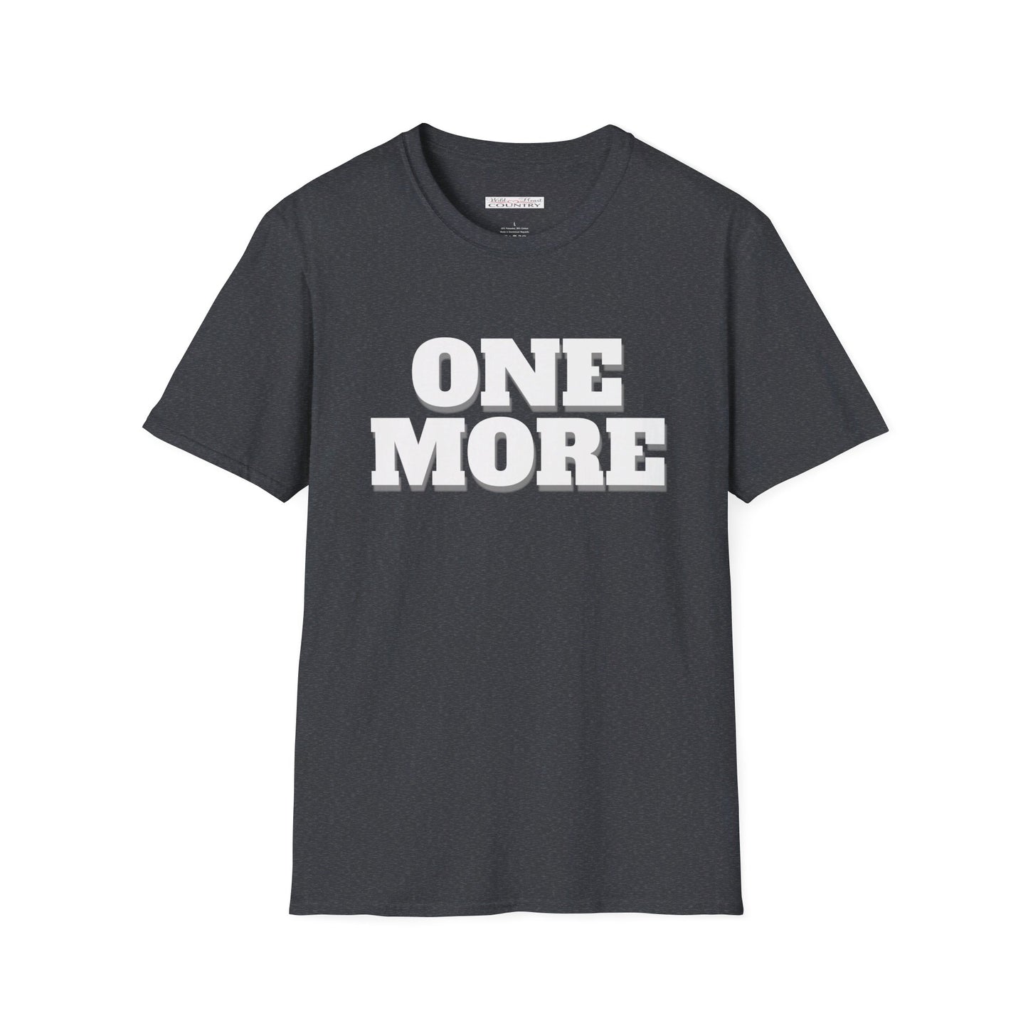 A black T-shirt with the text 'ONE MORE' displayed in white on the front