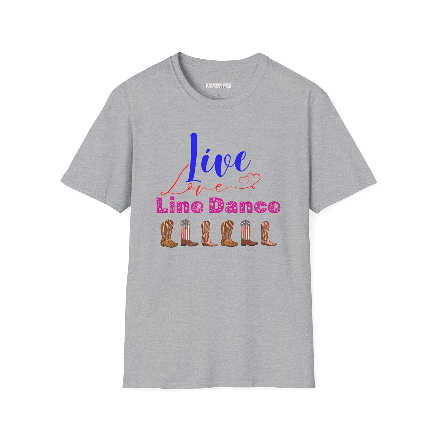 In differet fonts "live love line dance" with a row of cowboy boots underneath