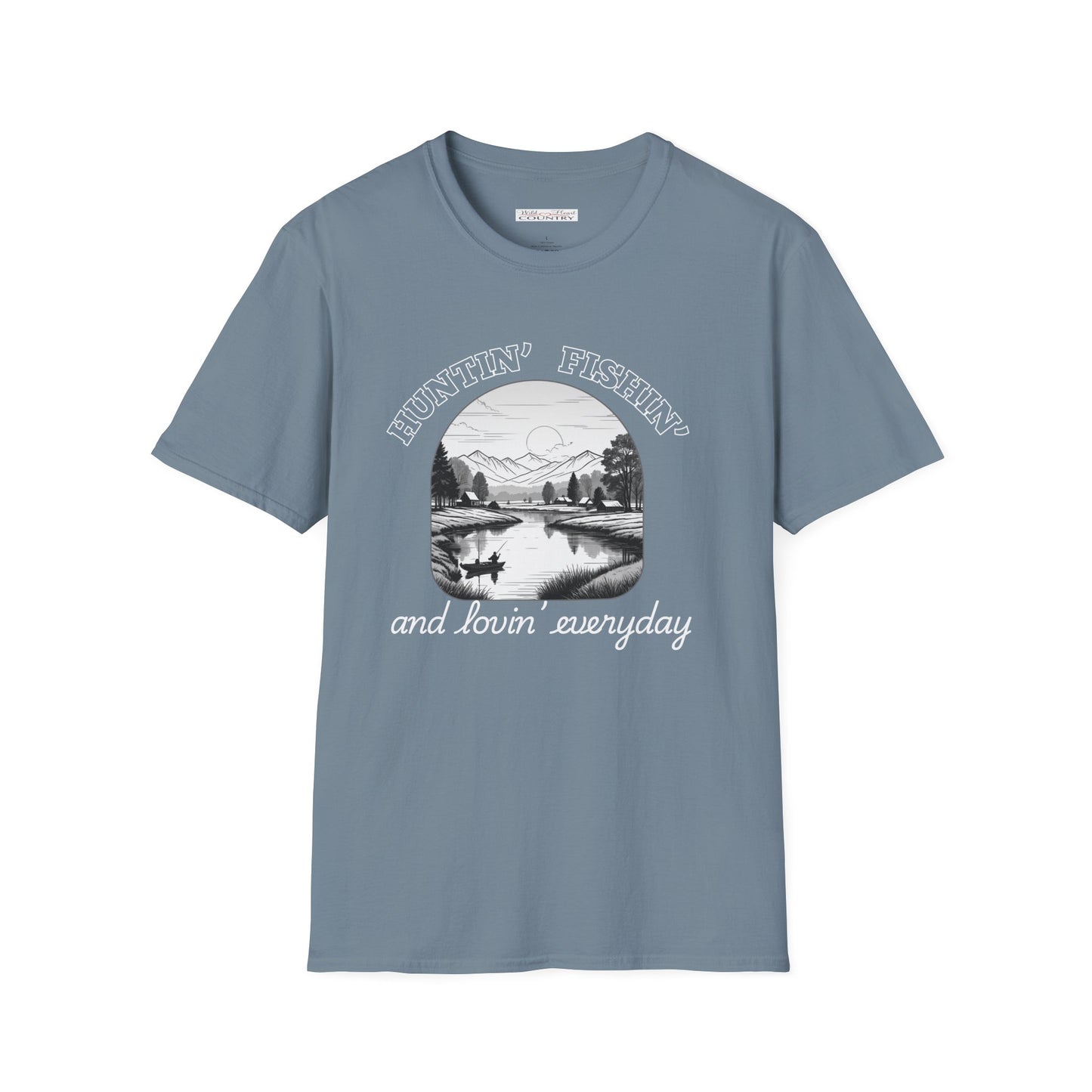 Black & white image of a fish boat on a lake with the words Huntin' fishin' above and "and lovin' everyday" underneath