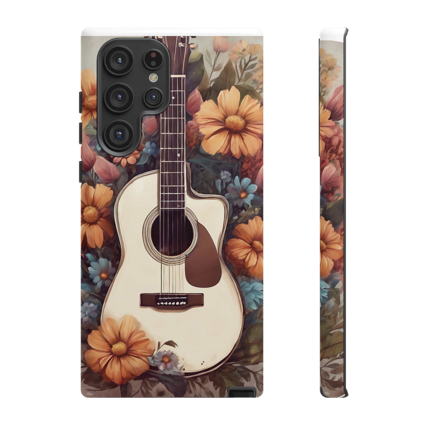 White Acoustic Guitar surrounded by Flowers Phone Case