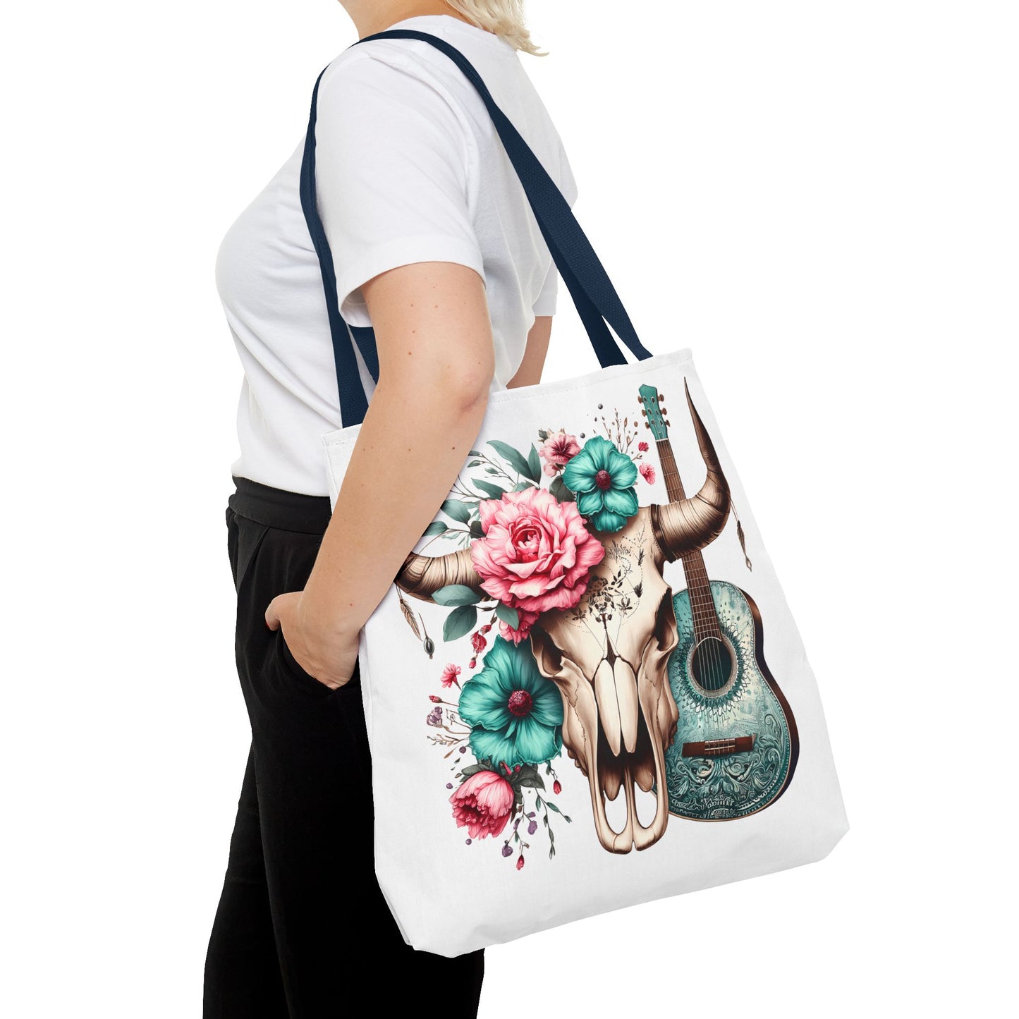 Boho Chic Skull and Guitar Floral Tote Bag
