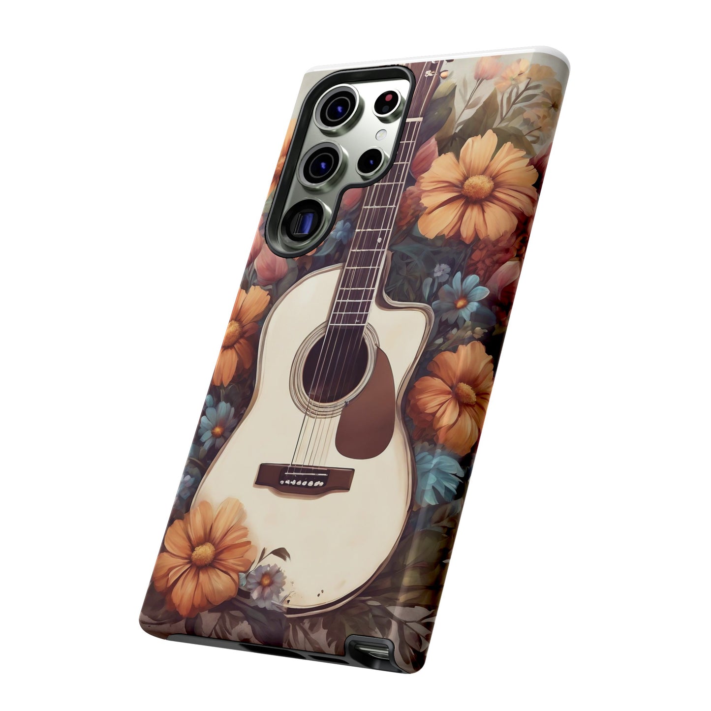 White Acoustic Guitar surrounded by Flowers Phone Case