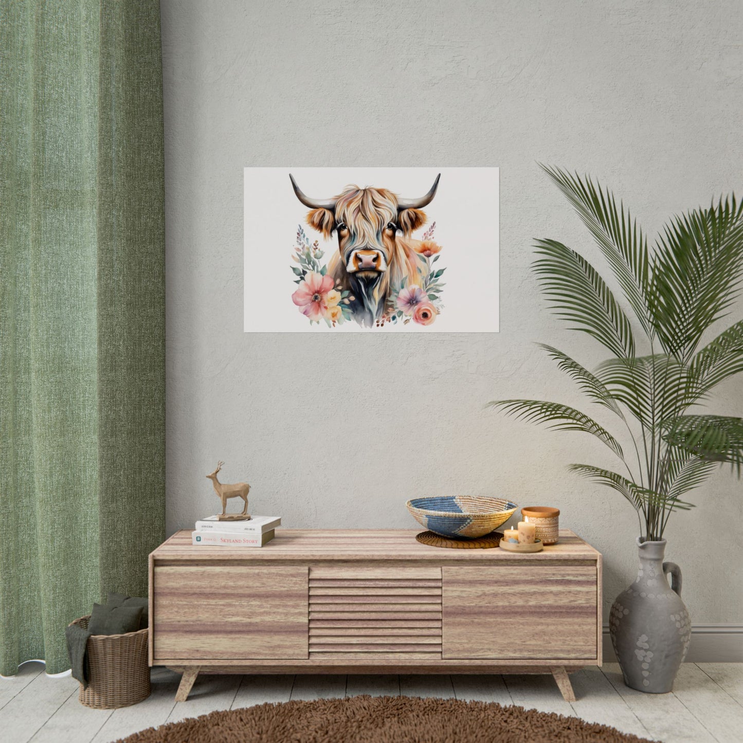 Highland Cow with Floral Wall Print, Rolled Poster, Watercolour poster