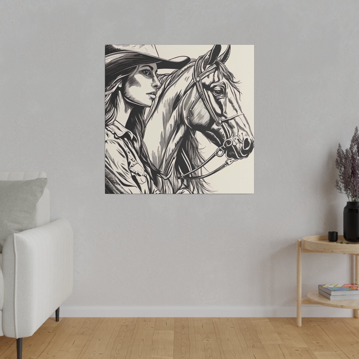 Lady and a Horse Black and White sketch drawing, Decor, Home Decor, Country, AI Art, Western Art