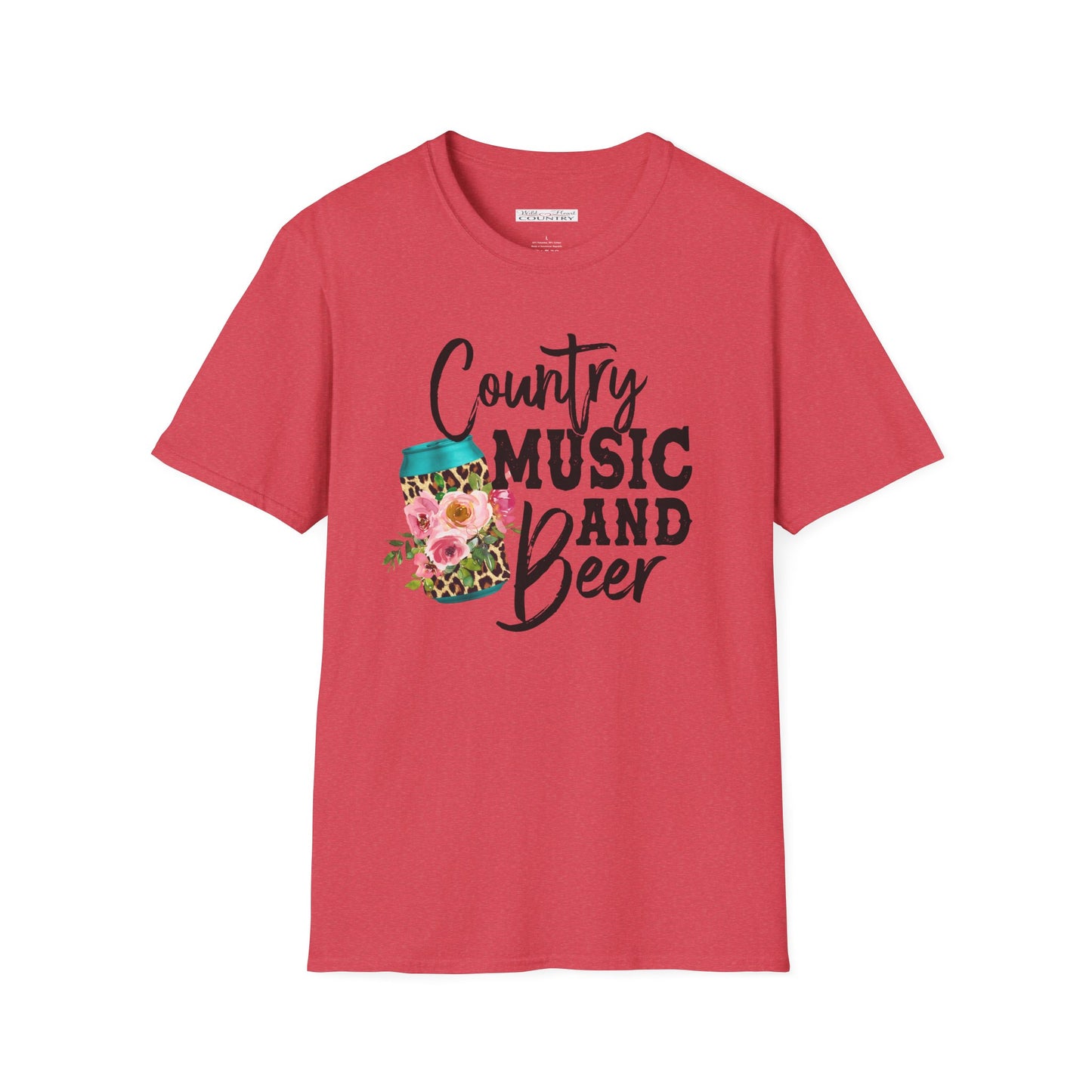 A pink t-shirt with 'COUNTRY MUSIC AND BEER' text and a floral pattern in the design.