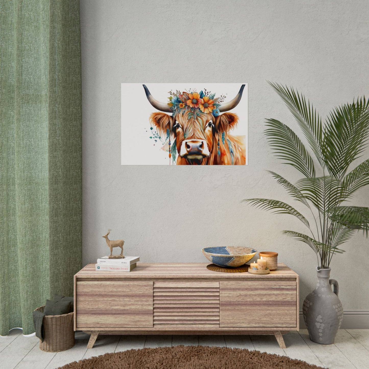 Highland Cow with Floral Crown Wall Print, Rolled Poster, Watercolour poster