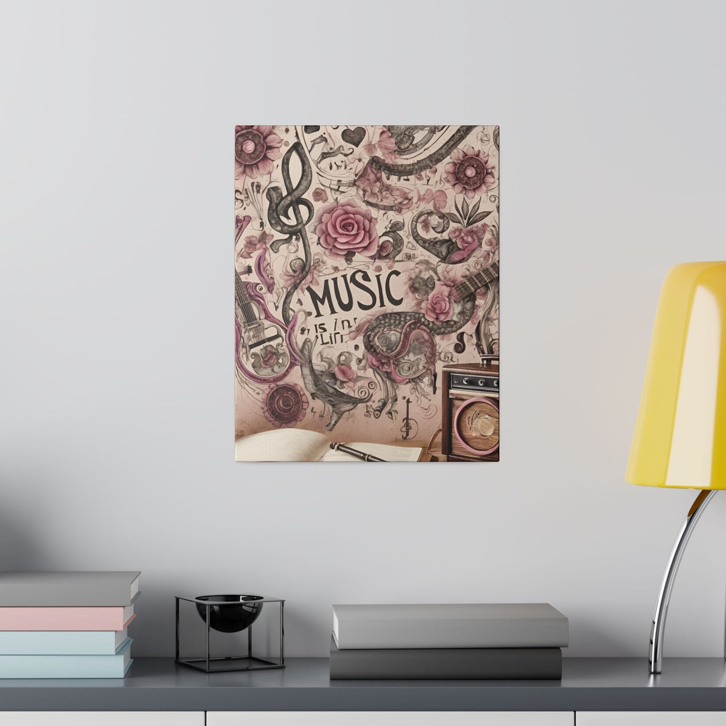 Pink Floral Music Canvas, Musical Notes, Musical Inspired, Custom Gift, Roses, Soft Pascal