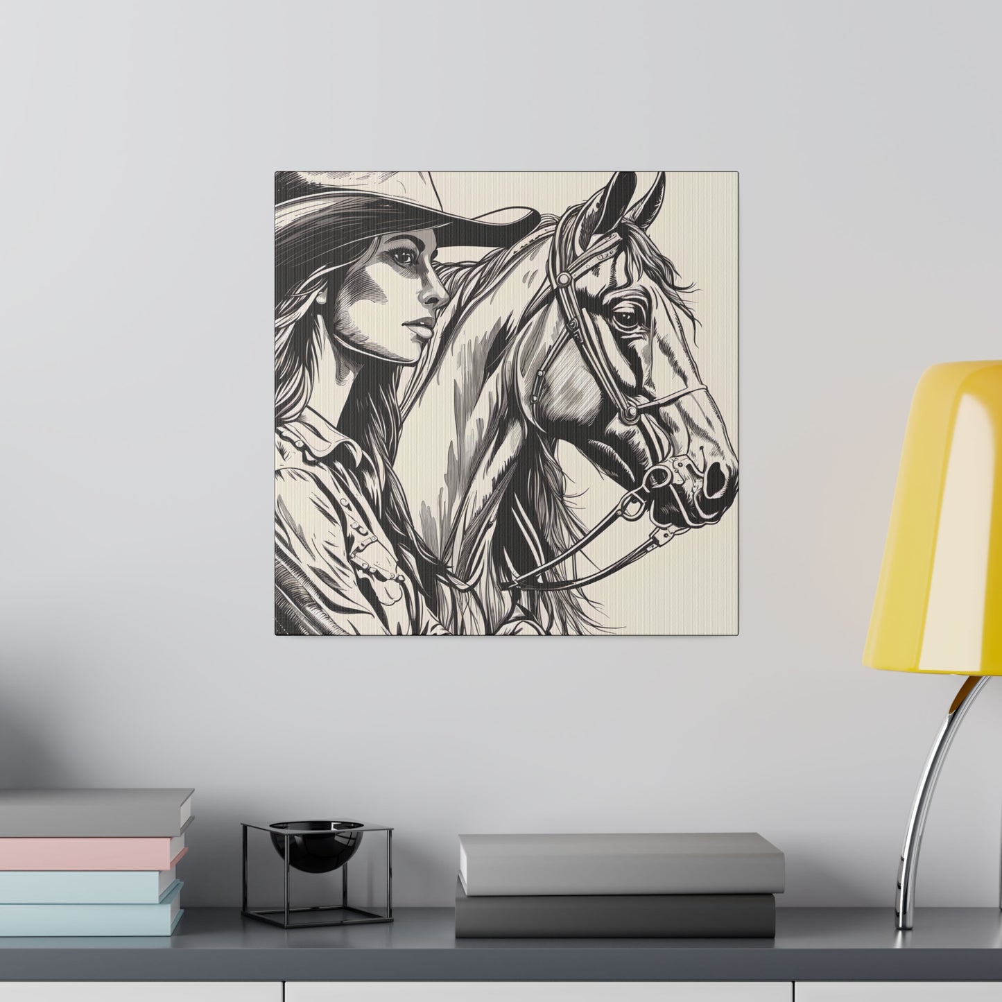 Lady and a Horse Black and White sketch drawing, Decor, Home Decor, Country, AI Art, Western Art