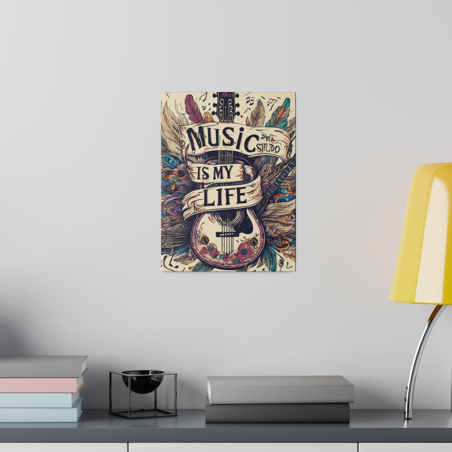 Music Is My Life Canvas, Feathers, Guitar, Musical Notes, Musical Inspired, Custom Gift