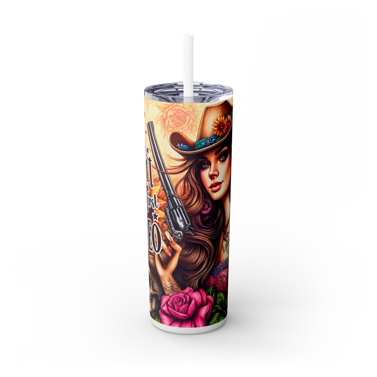 Featuring a stunning cowgirl with tattooed sleeves of colorful flowers, a hat adorned with blooming sunflowers, and a revolver in hand