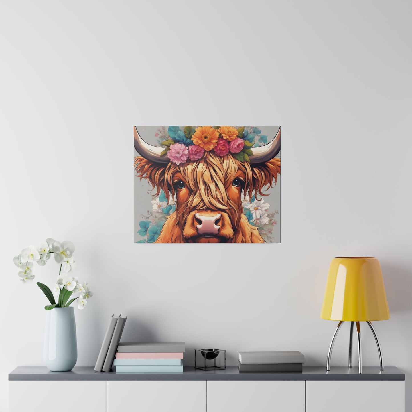 Boho Highland Cow with Floral Head Piece Matte Canvas
