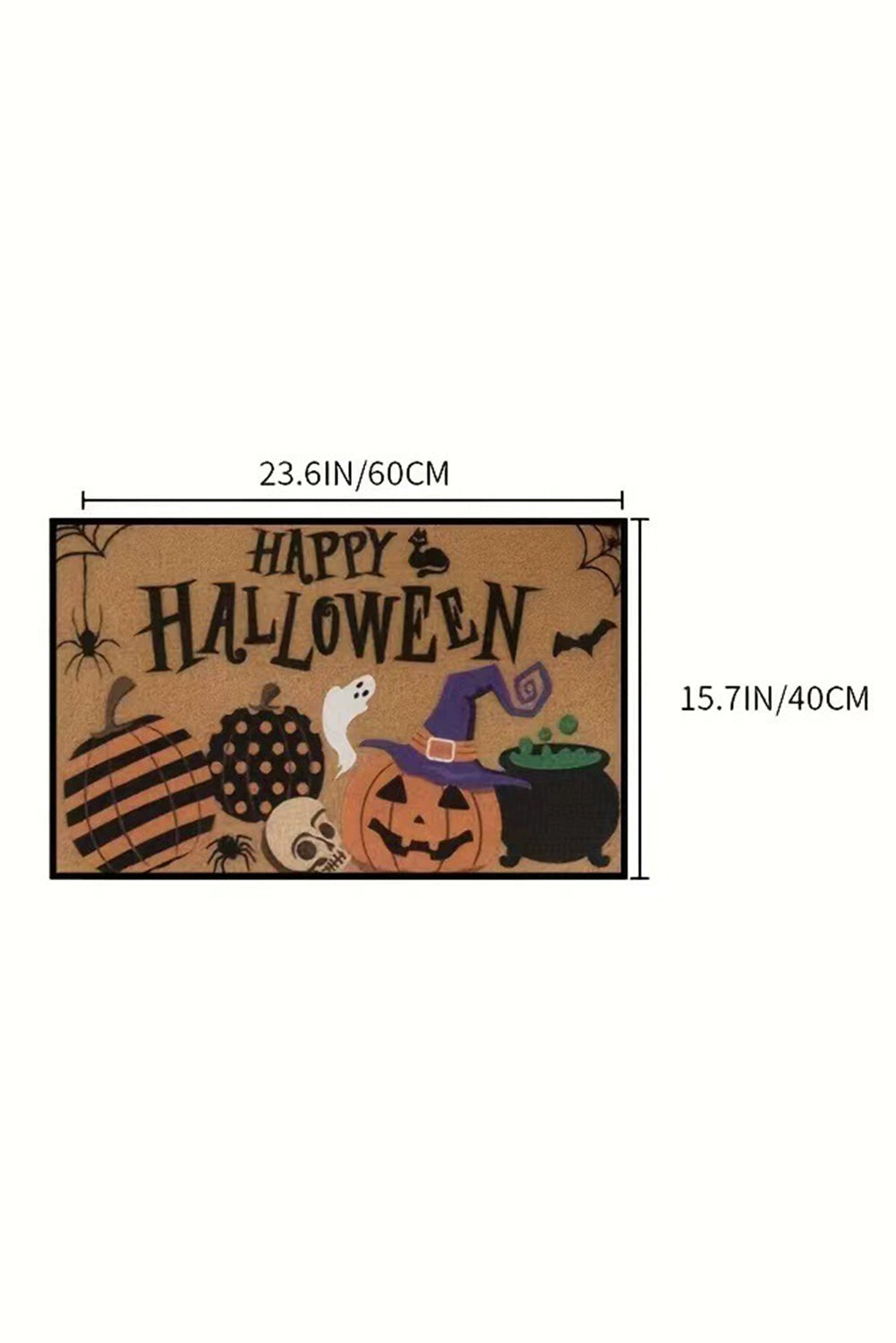 Halloween-themed doormat with measurements on a white background