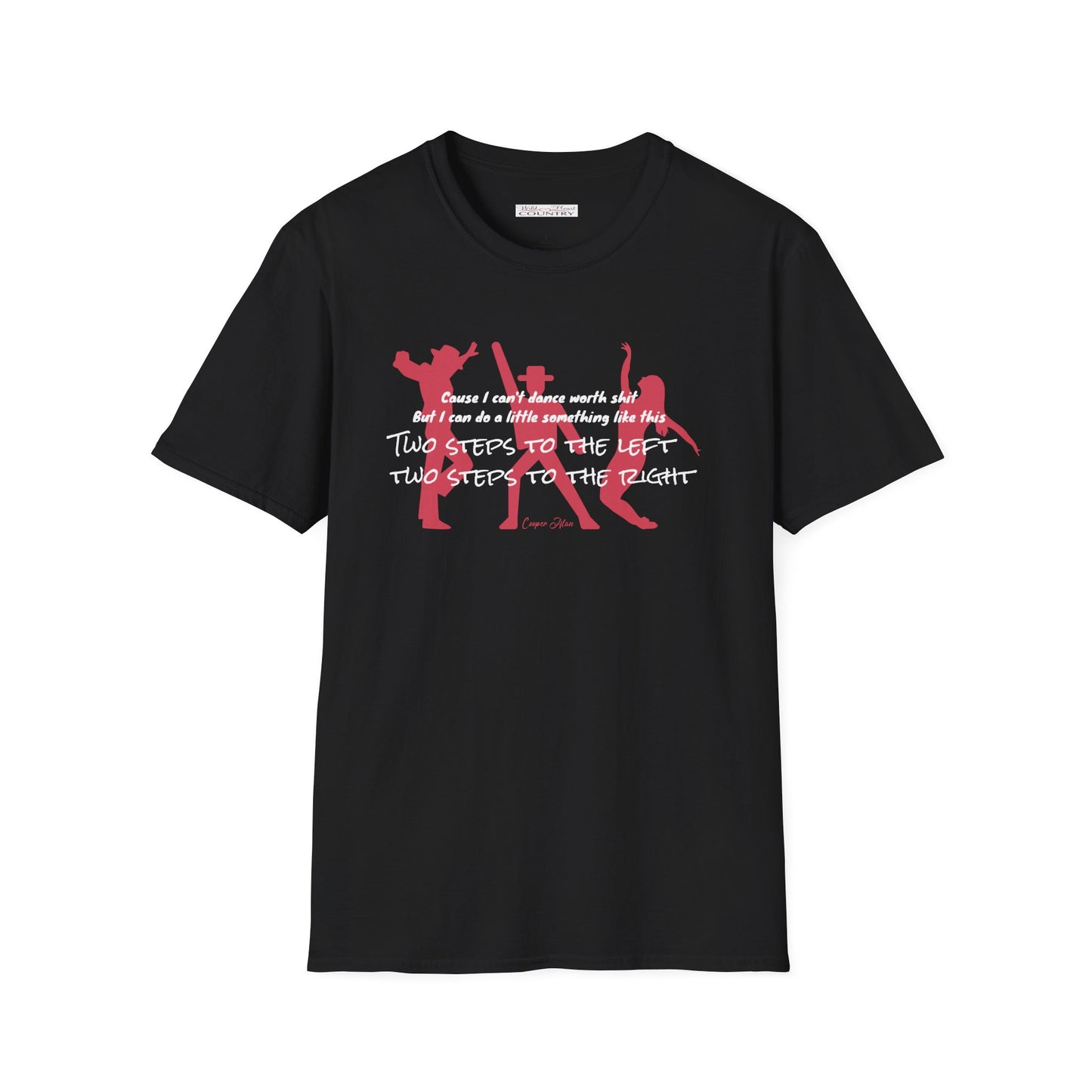 A black t-shirt with a red text graphic reading 'Can't Dance' and a silhouette of three people dancing in the background.