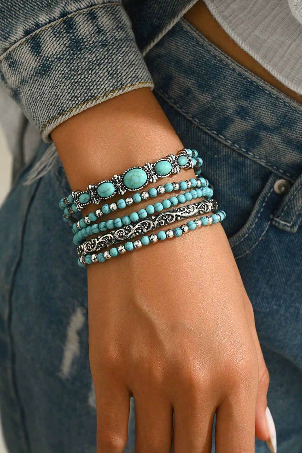 Desert Bloom Turquoise Bracelet – Silver-Touched Elegance for Free Spirits