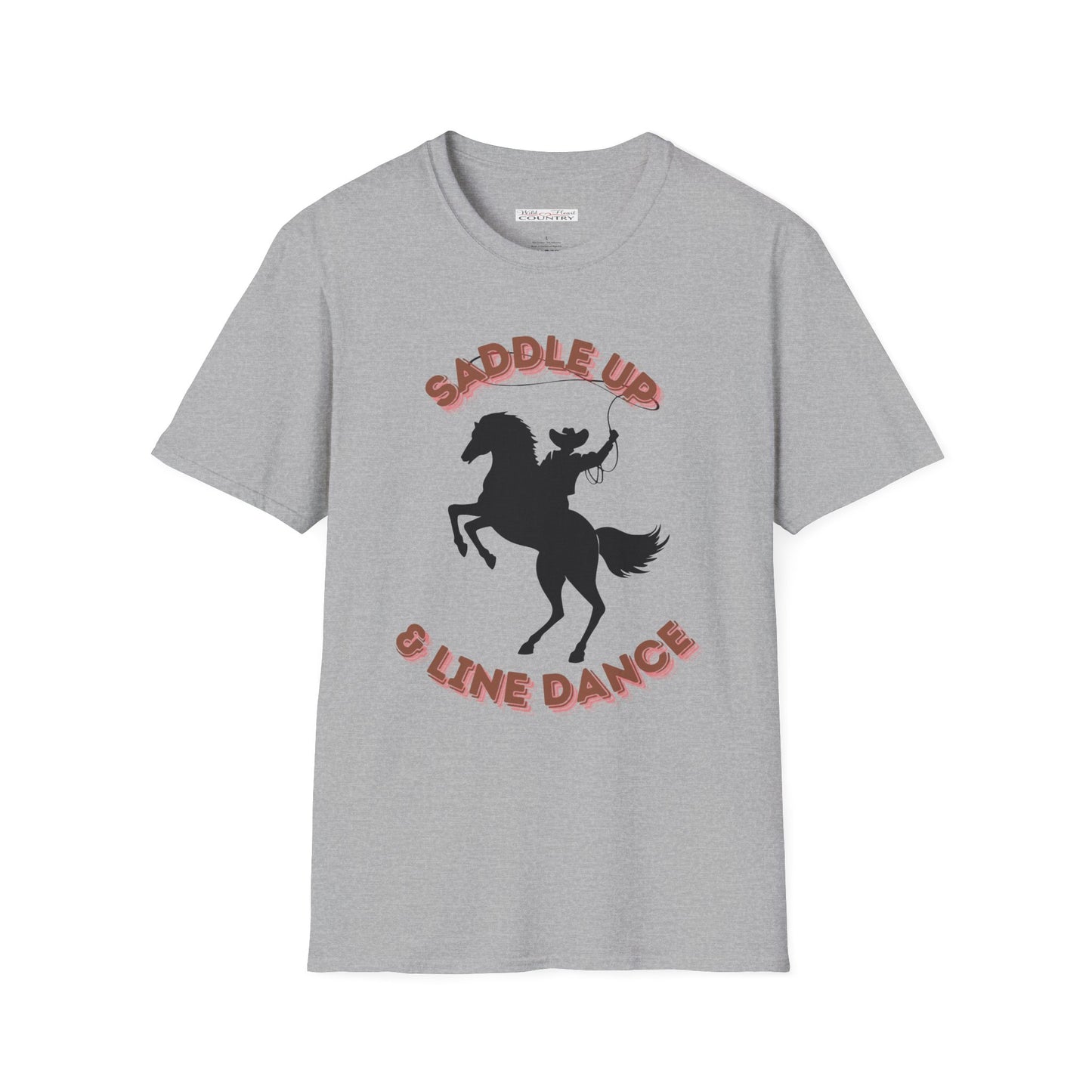 Image of rearing horse with a cowboy and the text "saddle up" above and & "line dance" below
