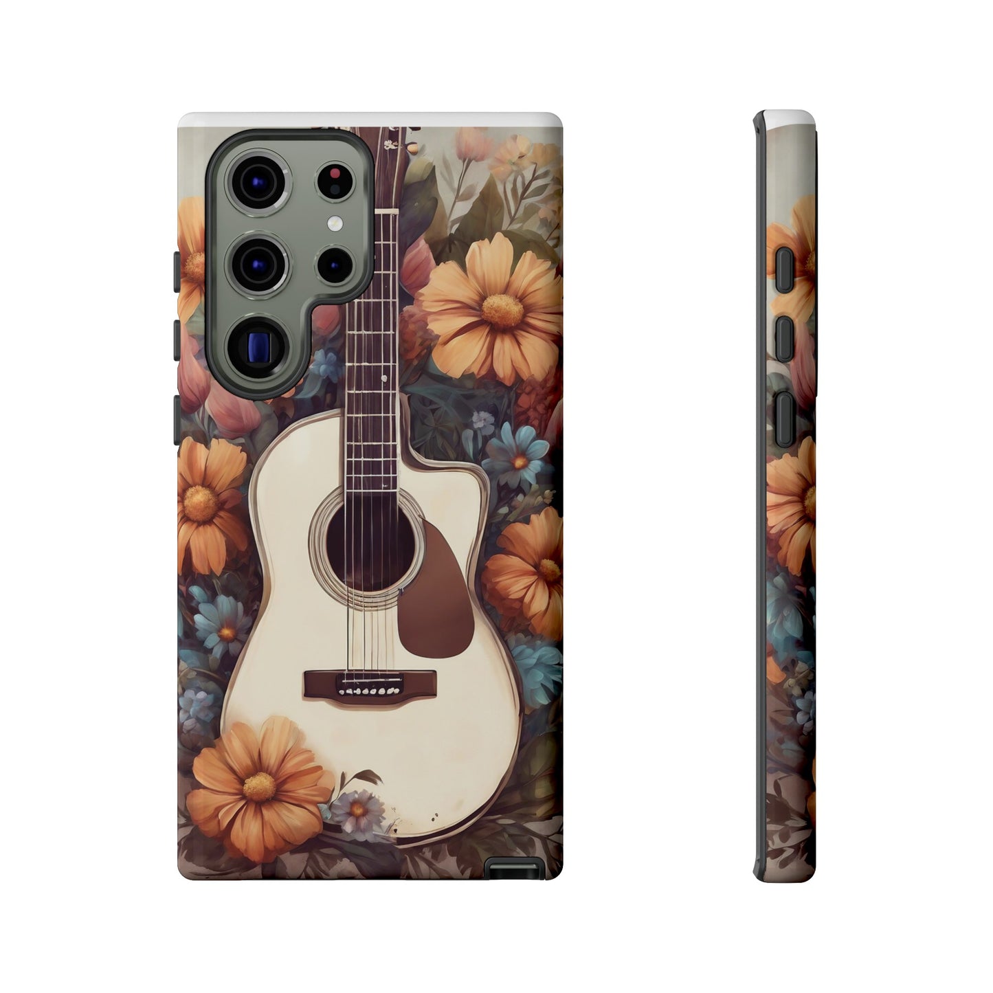 White Acoustic Guitar surrounded by Flowers Phone Case