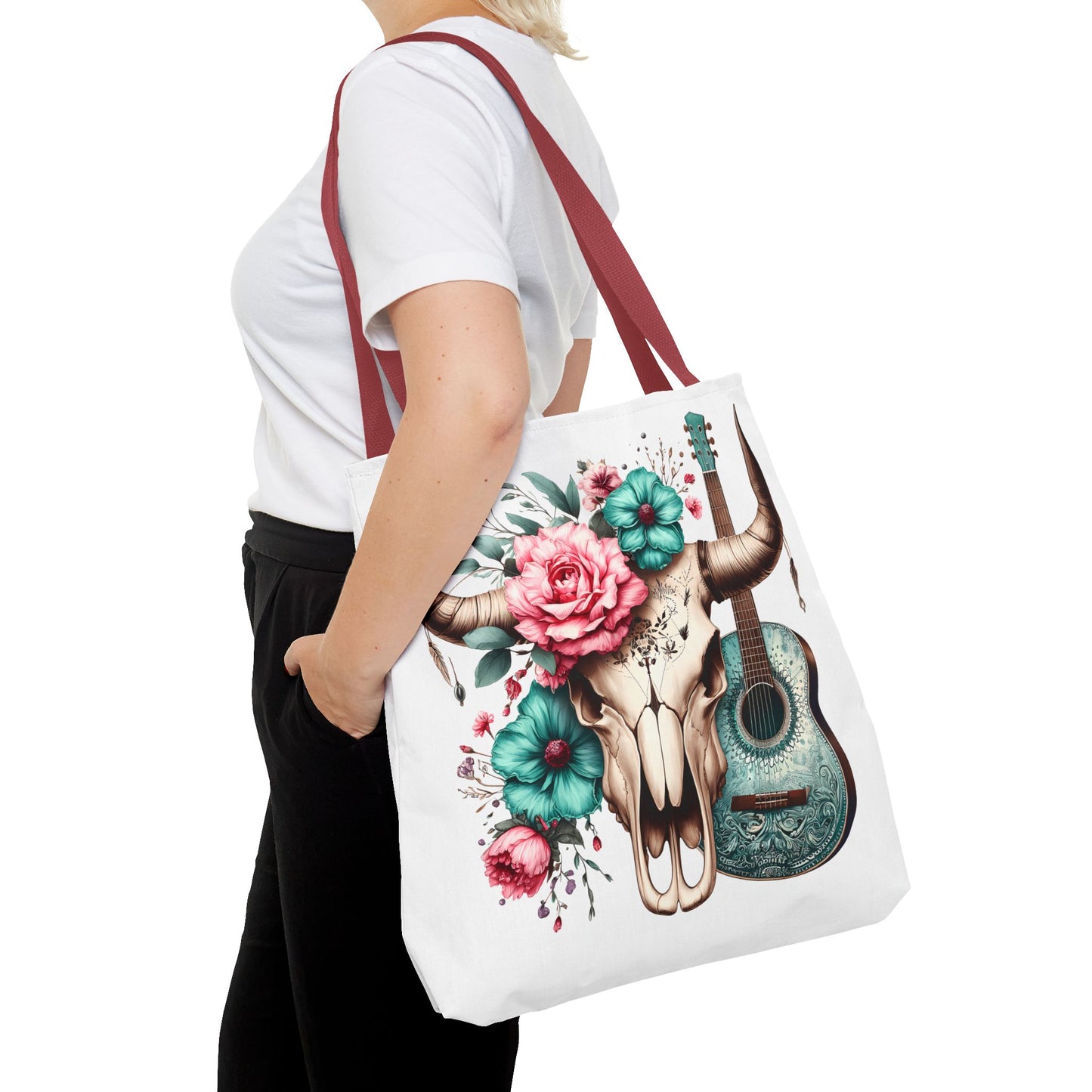 Boho Chic Skull and Guitar Floral Tote Bag