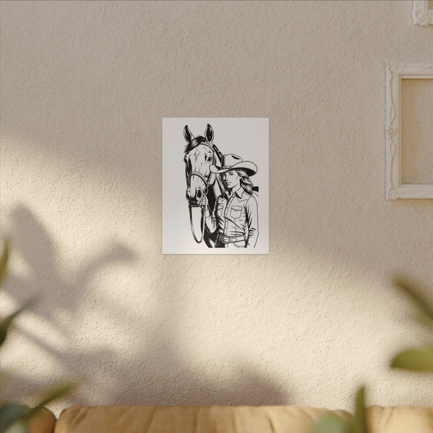 Western Cowgirl and Horse Canvas Print β Rustic Black & White Wall Art for Country Lovers